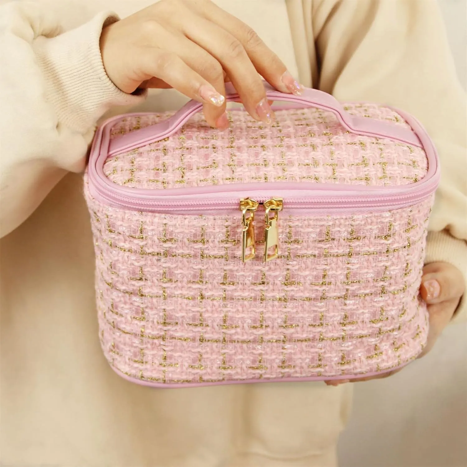 Travel Makeup Bag Girls, Large Capacity Weave Woolen Cloth Travel Toiletry Organizer Makeup Bags Accessories Storage,Black, Pink