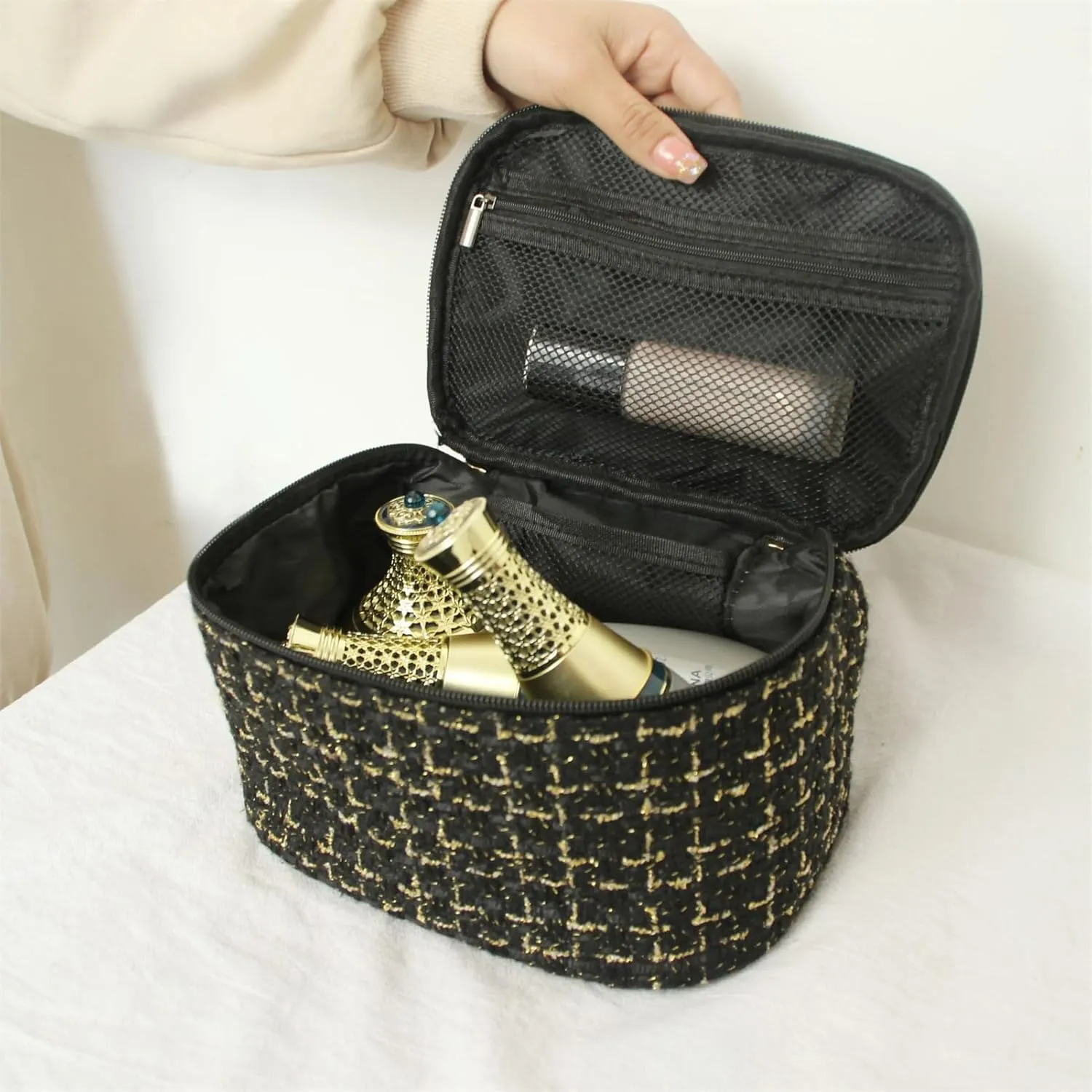Travel Makeup Bag Girls, Large Capacity Weave Woolen Cloth Travel Toiletry Organizer Makeup Bags Accessories Storage,Black
