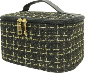 Travel Makeup Bag Girls, Large Capacity Weave Woolen Cloth Travel Toiletry Organizer Makeup Bags Accessories Storage,Black