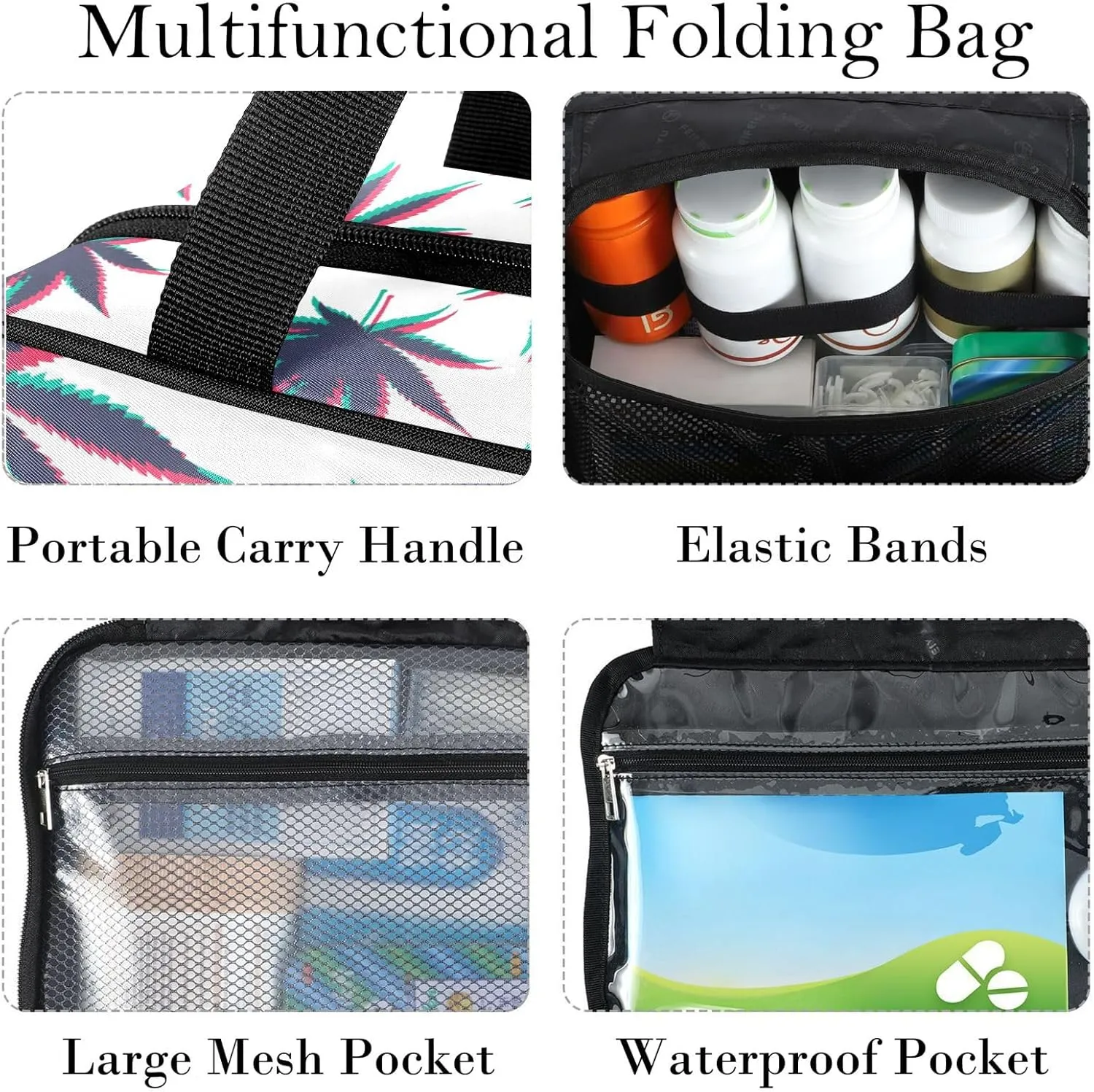 Travel Toiletry Bag for Woman/Men, Illusion Retro Marijuana Leaves Hanging Organizer Bag with Pockets Portable Folding Travel Case Bags for Makeup Cosmetic Toiletries Storage Traveling-L