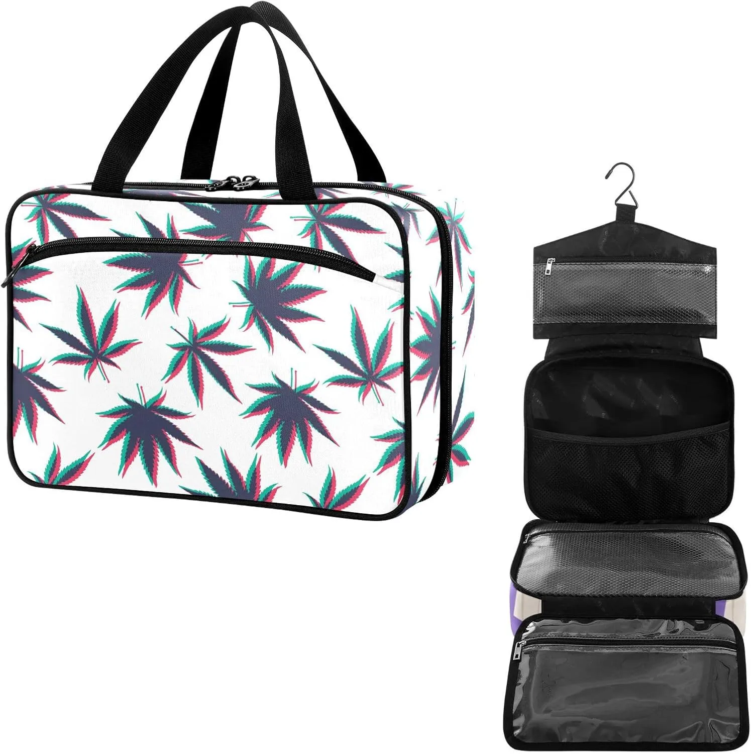 Travel Toiletry Bag for Woman/Men, Illusion Retro Marijuana Leaves Hanging Organizer Bag with Pockets Portable Folding Travel Case Bags for Makeup Cosmetic Toiletries Storage Traveling-L