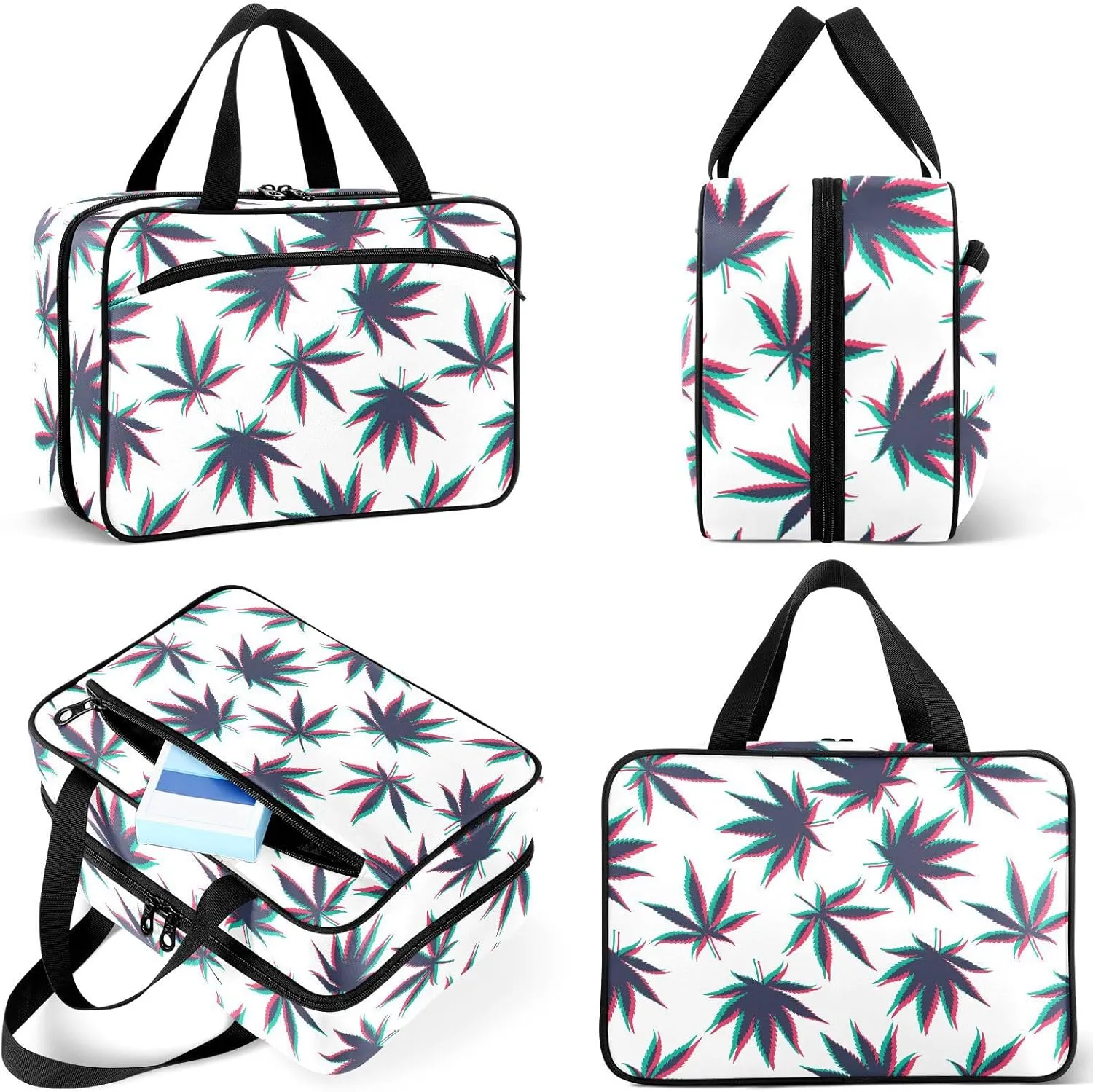 Travel Toiletry Bag for Woman/Men, Illusion Retro Marijuana Leaves Hanging Organizer Bag with Pockets Portable Folding Travel Case Bags for Makeup Cosmetic Toiletries Storage Traveling-L