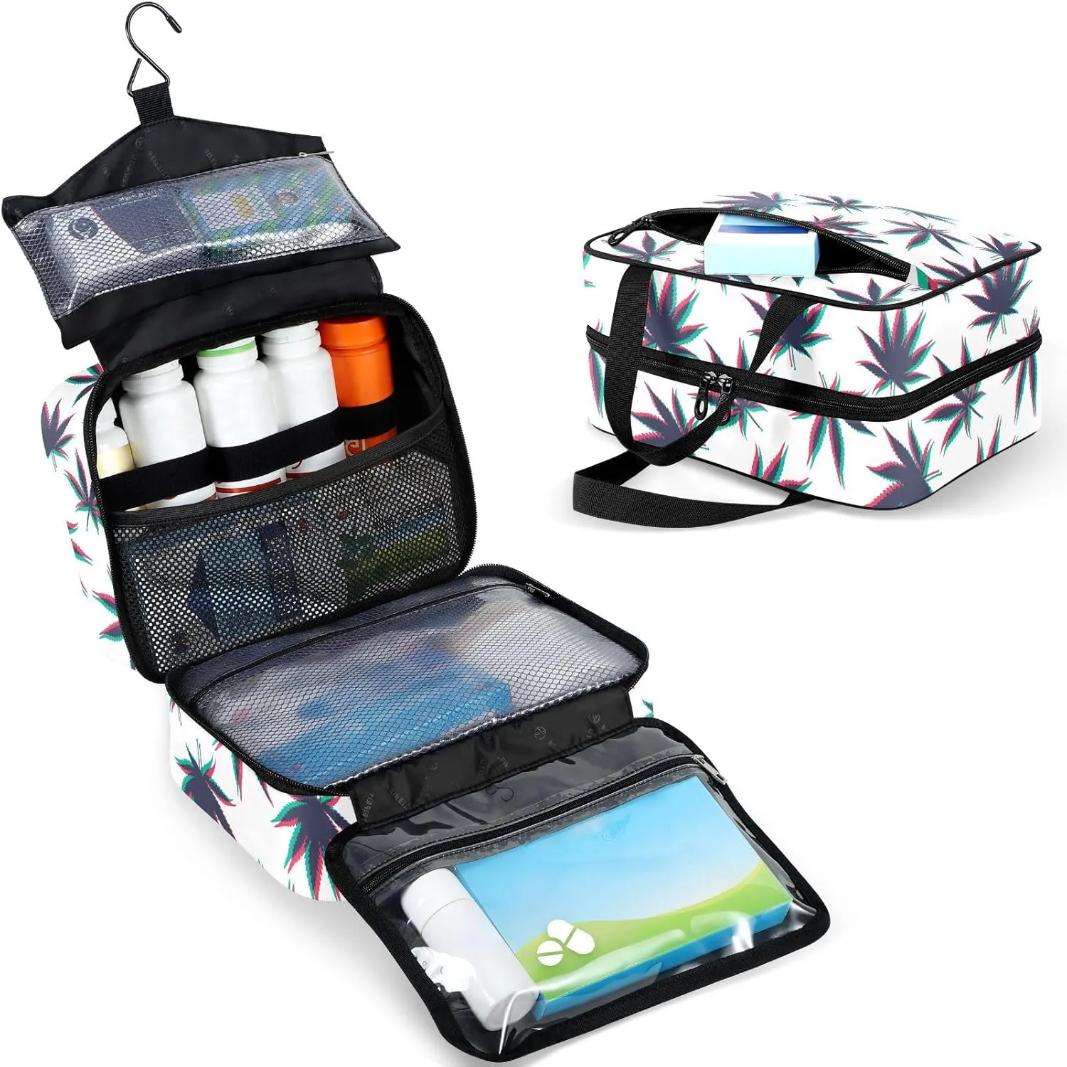 Travel Toiletry Bag for Woman/Men, Illusion Retro Marijuana Leaves Hanging Organizer Bag with Pockets Portable Folding Travel Case Bags for Makeup Cosmetic Toiletries Storage Traveling-L