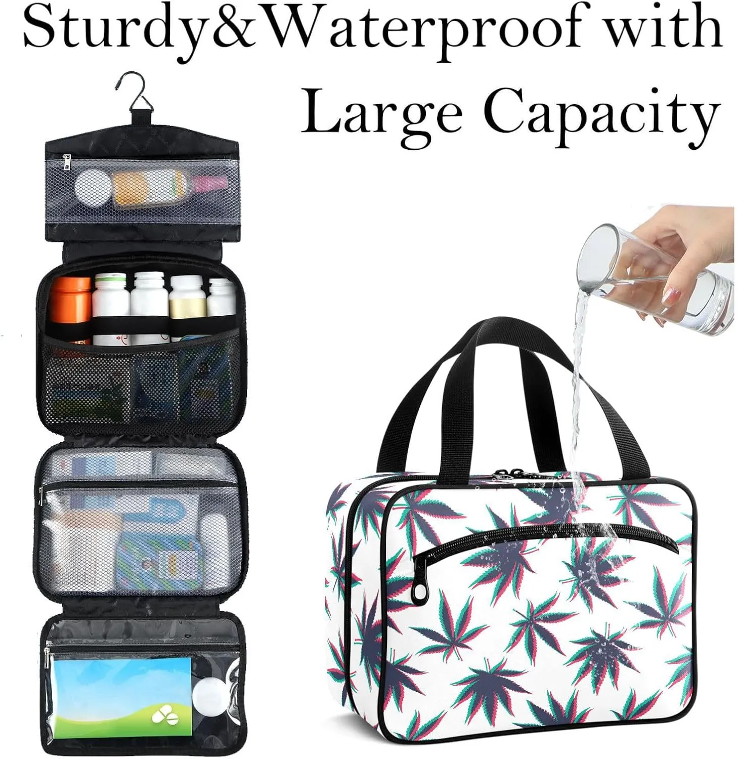 Travel Toiletry Bag for Woman/Men, Illusion Retro Marijuana Leaves Hanging Organizer Bag with Pockets Portable Folding Travel Case Bags for Makeup Cosmetic Toiletries Storage Traveling-L
