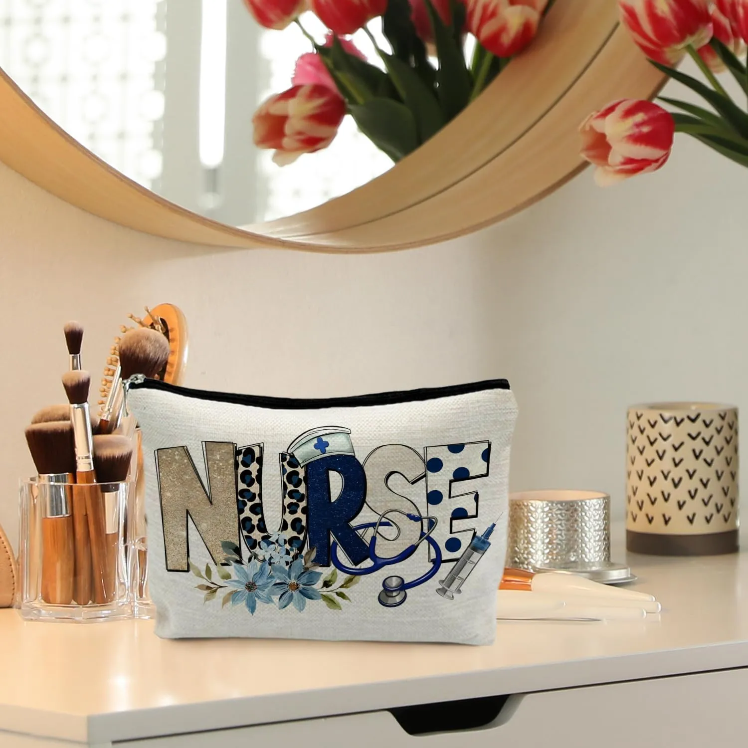 Trendy Floral Nurse Makeup Bag, Nurses Week Gifts Cosmetic Bags for Women, Nurse Appreciation Gifts Makeup Pouch, Nursing Zipper Pouch