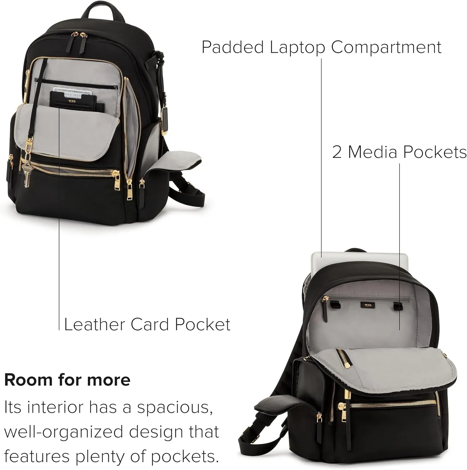 TUMI - Voyageur Celina Backpack - Travel Backpack for Women - For Business, Commute - Holds Up to 16" Laptop - Black & Gold Hardware