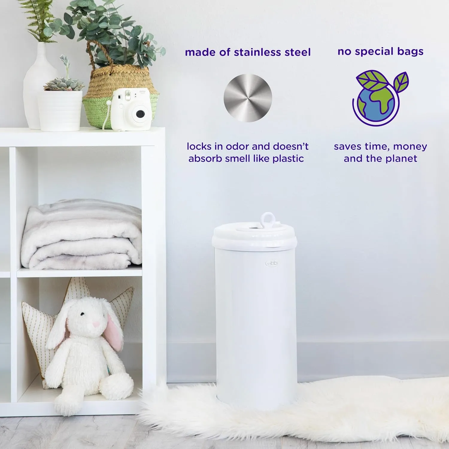Ubbi Stainless Steel Diaper Pail, Odor Locking, No Special Bag Required, Award-Winning, Registry Must-Have, Open Water