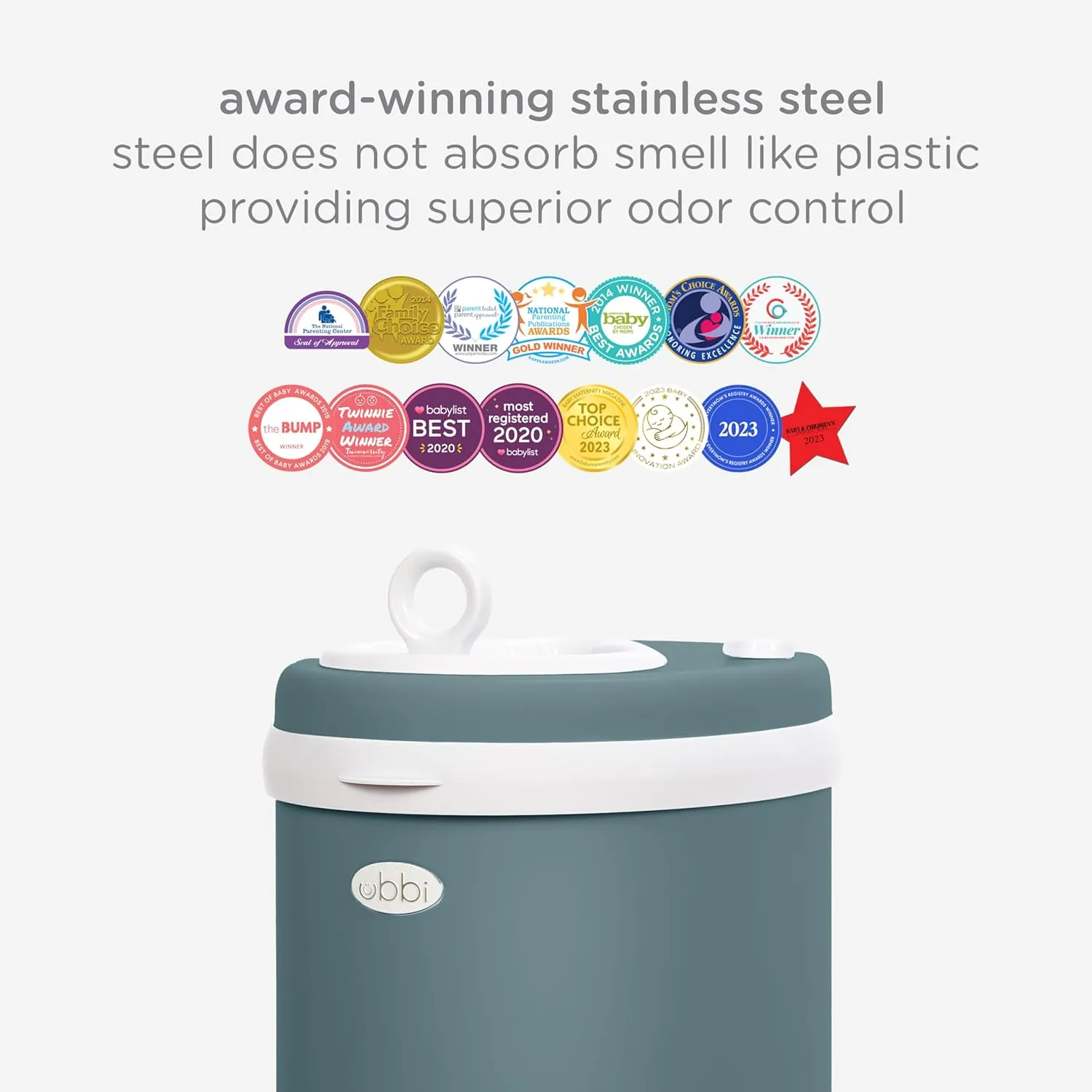 Ubbi Stainless Steel Diaper Pail, Odor Locking, No Special Bag Required, Award-Winning, Registry Must-Have, Open Water