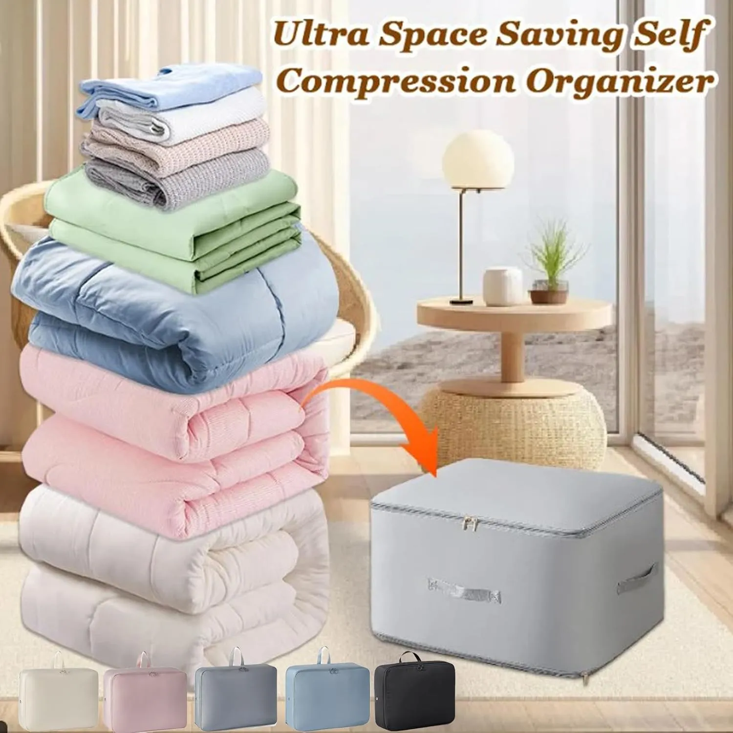 UltraSpace Saving Self Compression Organizer, Compression Storage Bags for Bedding Large Capacity, Duvet Storage Bag Compression for Travel, Blanket, Quilt, Comforter, Clothes (Beige, Large)