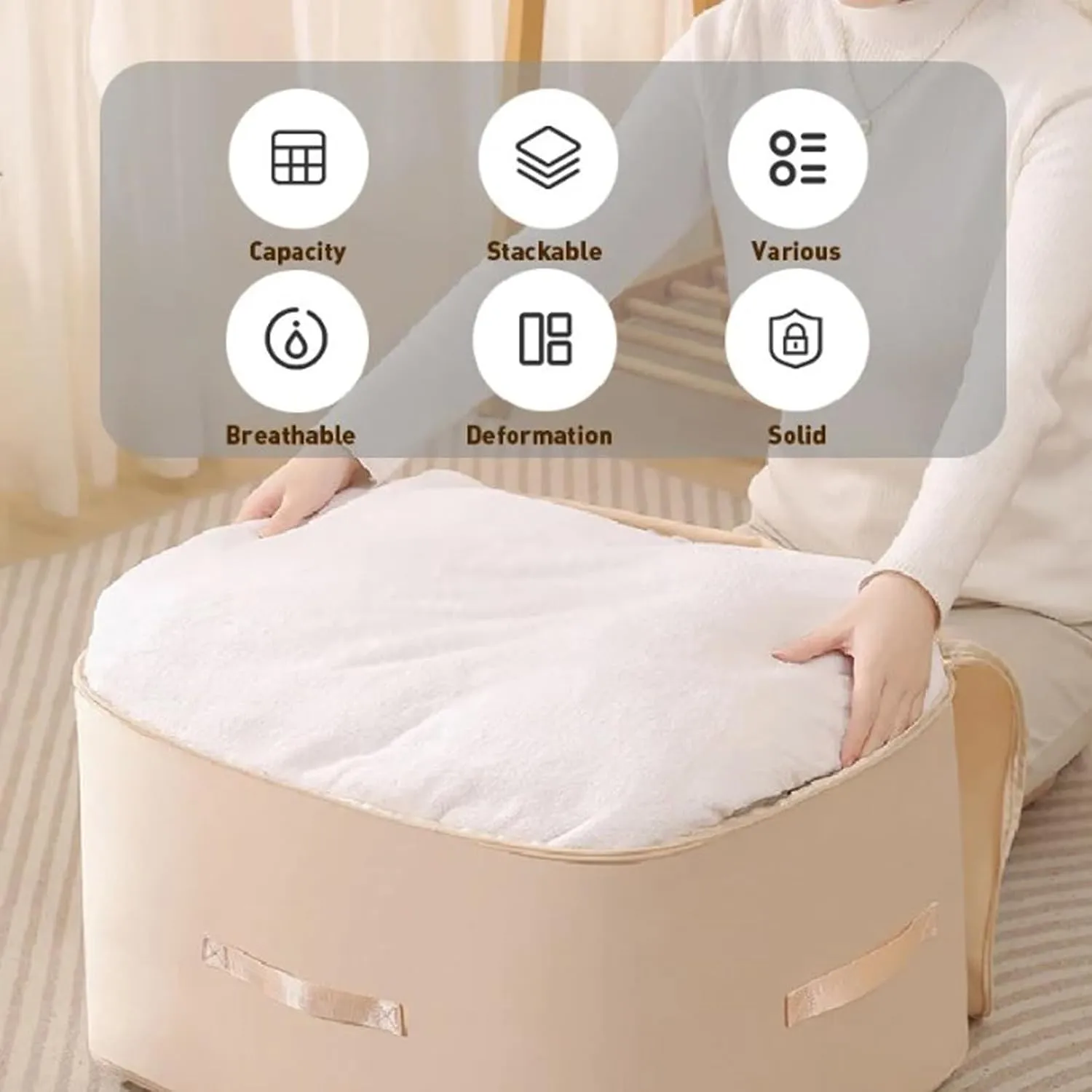 UltraSpace Saving Self Compression Organizer, Compression Storage Bags for Bedding Large Capacity, Duvet Storage Bag Compression for Travel, Blanket, Quilt, Comforter, Clothes (Beige, Large)