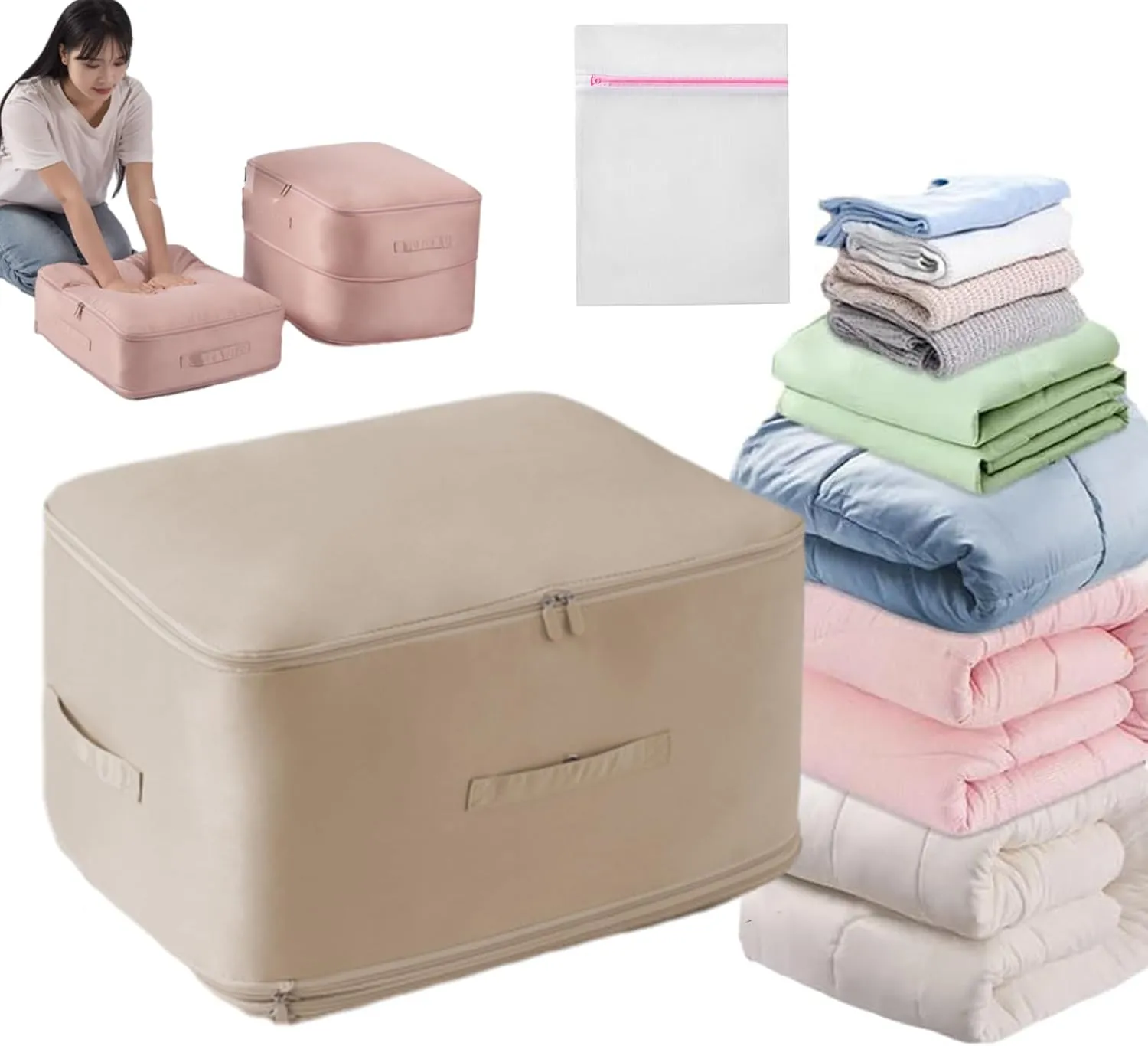UltraSpace Saving Self Compression Organizer, Compression Storage Bags for Bedding Large Capacity, Duvet Storage Bag Compression for Travel, Blanket, Quilt, Comforter, Clothes (Beige, Large)