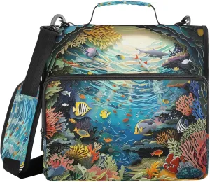 Underwater Sea Creatures Vibrant Zipper Binder with Shoulder Strap Trapper Keeper 3 Ring Binder Organizer Large Capacity Multiple Compartments for School Office