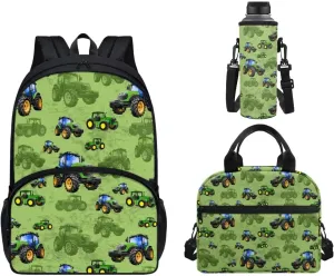 UNICEU Cartoon Tractor 3 Pcs Backpack Set Boys Girls Large Capacity School Bags Daypack with Thermal Lunch Handbag and Bottle Sleeve Teens Elementary Preschool Bookbag Set