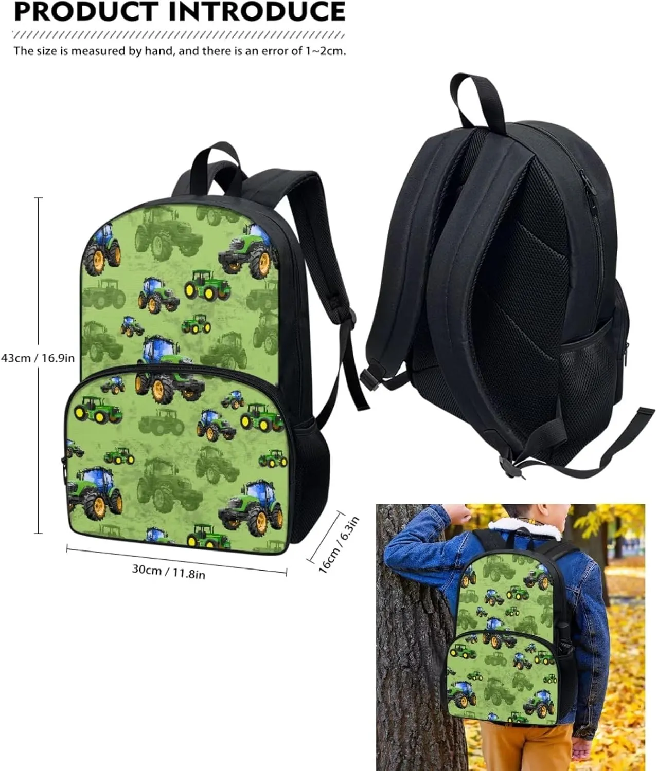 UNICEU Cartoon Tractor 3 Pcs Backpack Set Boys Girls Large Capacity School Bags Daypack with Thermal Lunch Handbag and Bottle Sleeve Teens Elementary Preschool Bookbag Set