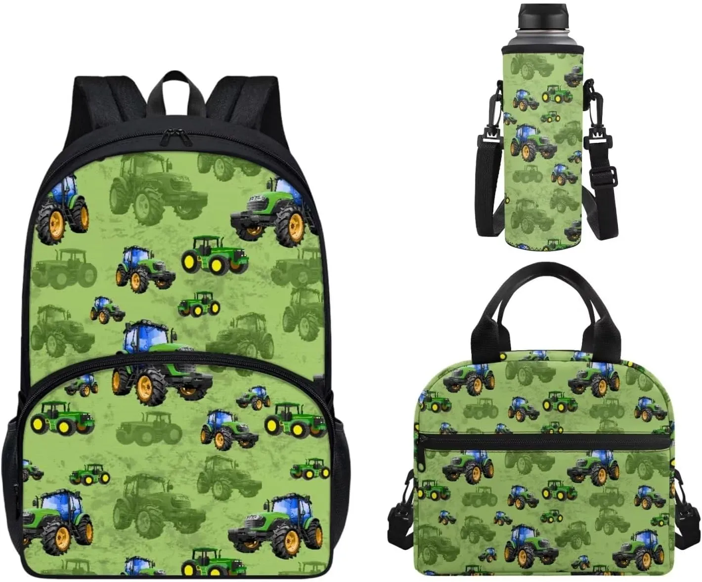 UNICEU Cartoon Tractor 3 Pcs Backpack Set Boys Girls Large Capacity School Bags Daypack with Thermal Lunch Handbag and Bottle Sleeve Teens Elementary Preschool Bookbag Set