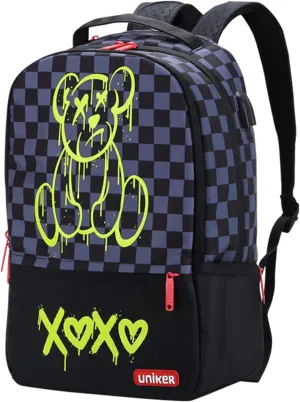 UNIKER Laptop Backpack for Boys,Graffiti Backpack for Men,Cartoon School Backpack,Designer Laptop Backpack for 15.6 Inch,Black Bear