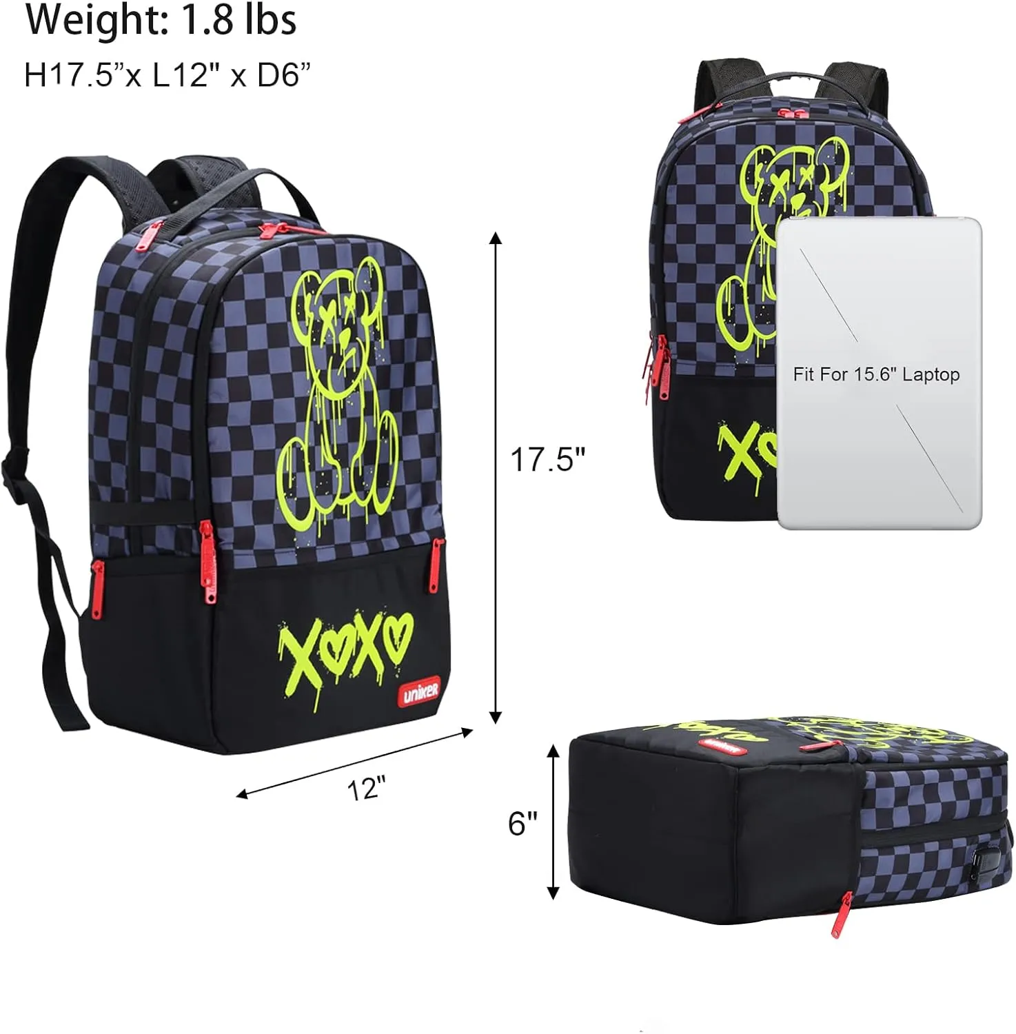UNIKER Laptop Backpack for Boys,Graffiti Backpack for Men,Cartoon School Backpack,Designer Laptop Backpack for 15.6 Inch,Black Bear