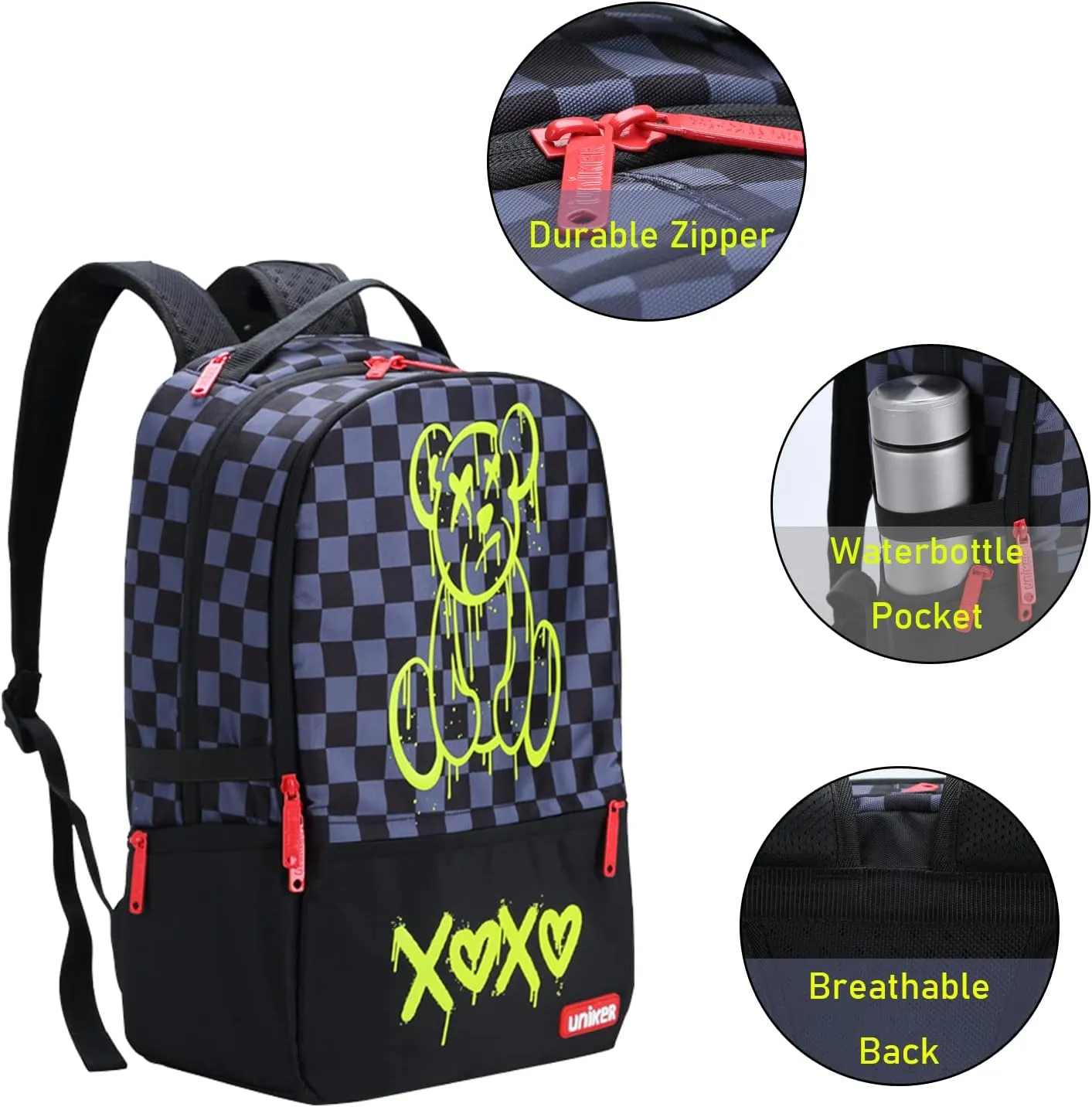 UNIKER Laptop Backpack for Boys,Graffiti Backpack for Men,Cartoon School Backpack,Designer Laptop Backpack for 15.6 Inch,Black Bear