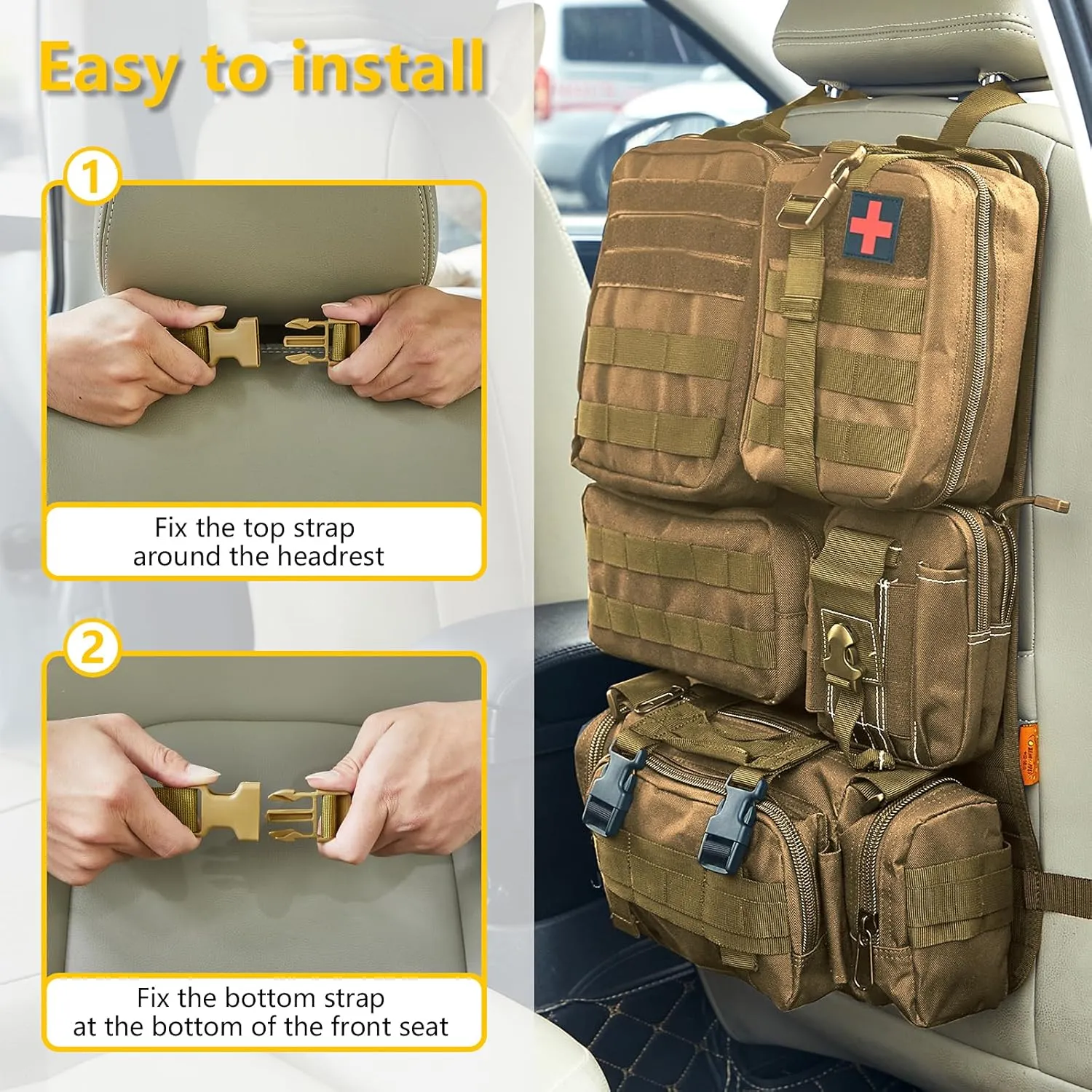 Universal Tactical Seat ​Back Organizer Vehicle Molle Panel Organizer Storage Bag with 5 Detachable Molle Pouch for All Vehicel Such as Jeep,Truck,SUV, Car, Ford,Chevy etc
