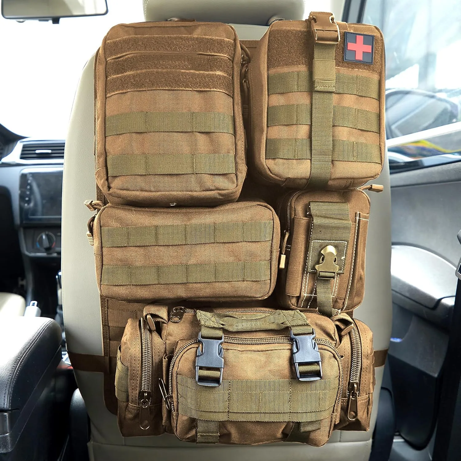 Universal Tactical Seat ​Back Organizer Vehicle Molle Panel Organizer Storage Bag with 5 Detachable Molle Pouch for All Vehicel Such as Jeep,Truck,SUV, Car, Ford,Chevy etc