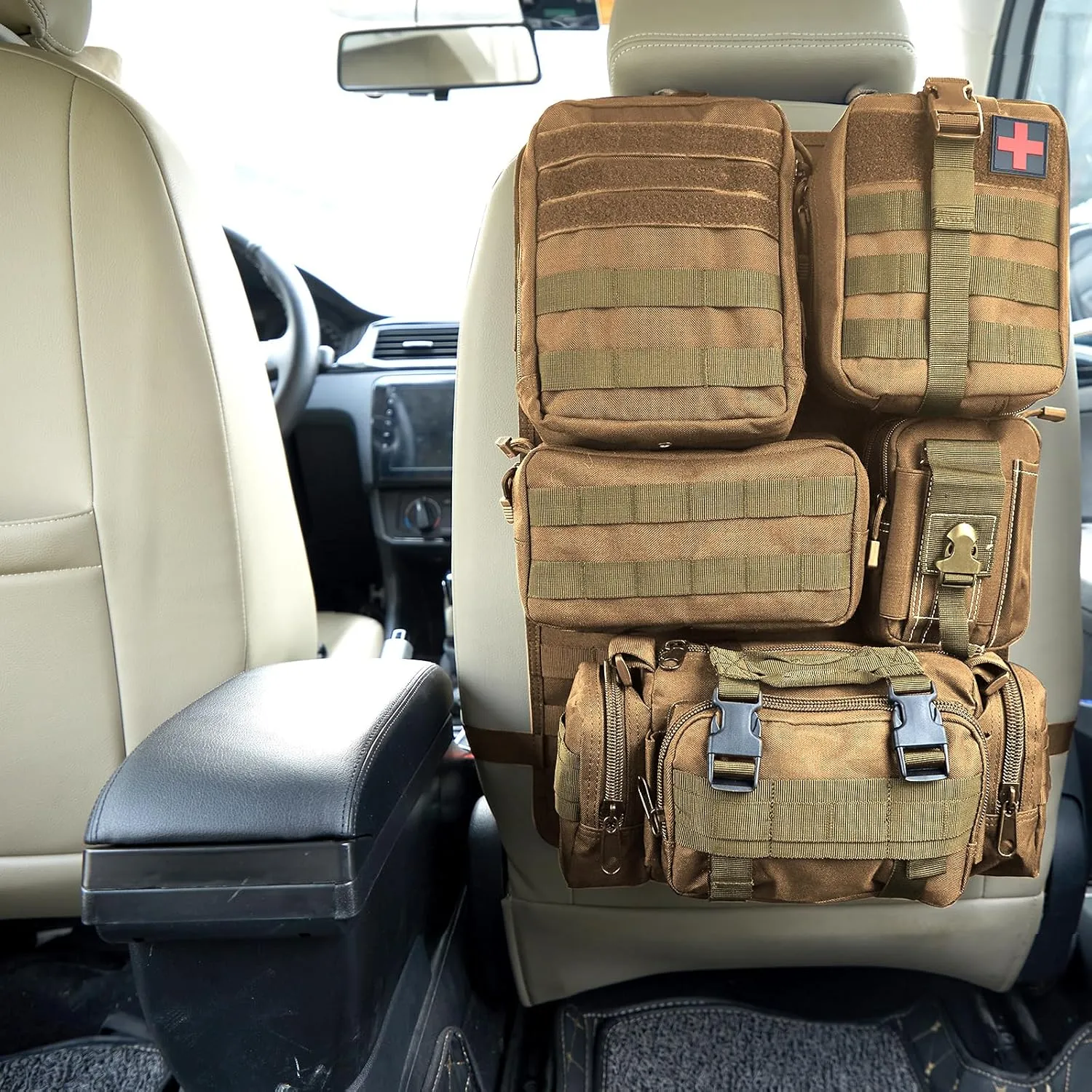 Universal Tactical Seat ​Back Organizer Vehicle Molle Panel Organizer Storage Bag with 5 Detachable Molle Pouch for All Vehicel Such as Jeep,Truck,SUV, Car, Ford,Chevy etc