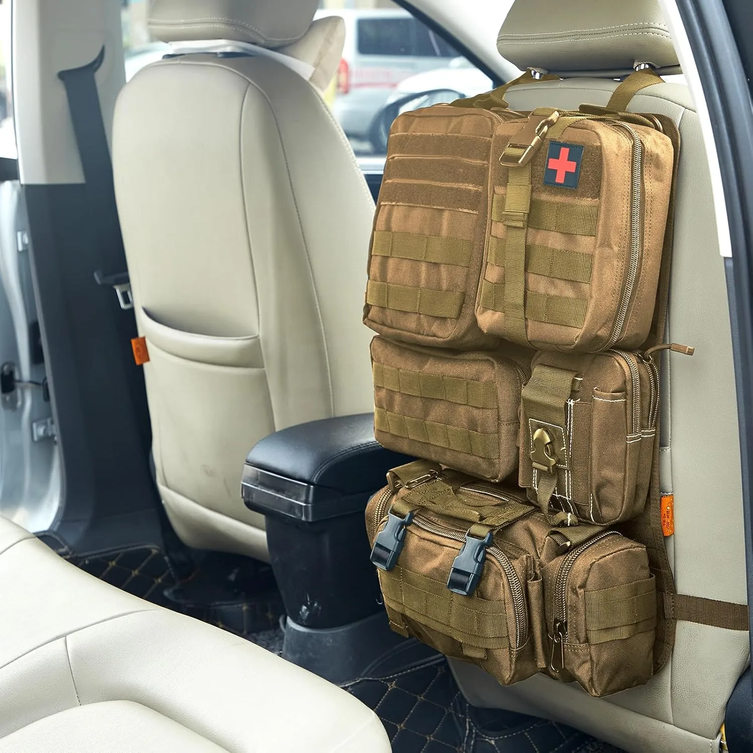 Universal Tactical Seat ​Back Organizer Vehicle Molle Panel Organizer Storage Bag with 5 Detachable Molle Pouch for All Vehicel Such as Jeep,Truck,SUV, Car, Ford,Chevy etc
