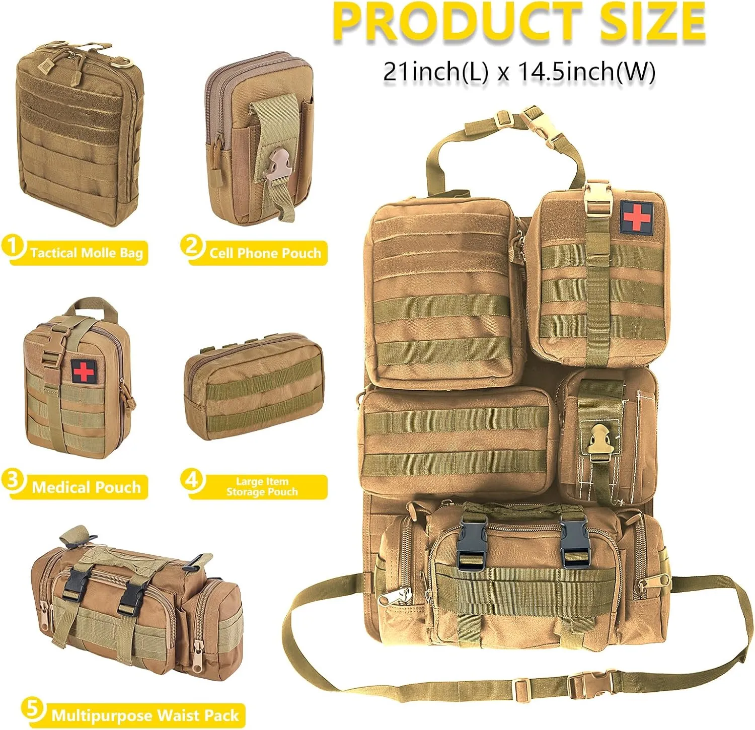 Universal Tactical Seat ​Back Organizer Vehicle Molle Panel Organizer Storage Bag with 5 Detachable Molle Pouch for All Vehicel Such as Jeep,Truck,SUV, Car, Ford,Chevy etc
