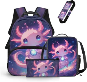 Universe Axolotl Backpack Purse for Girls Large Capacity Girls Bags for Kids 4-6 Lightweight 4 Pcs Kids Bookbag and Lunch Box Set for Students Casual Daypack