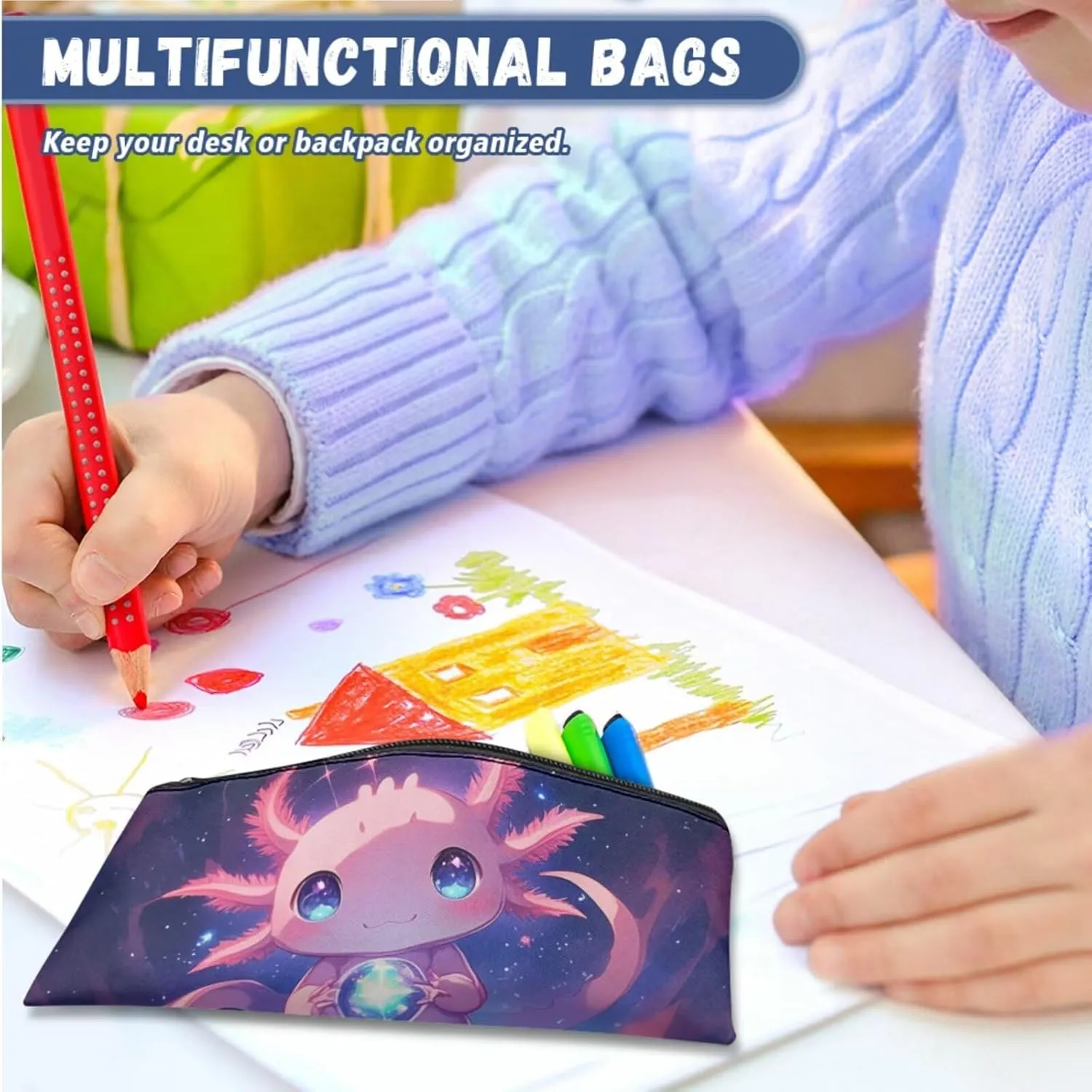 Universe Axolotl Backpack Purse for Girls Large Capacity Girls Bags for Kids 4-6 Lightweight 4 Pcs Kids Bookbag and Lunch Box Set for Students Casual Daypack