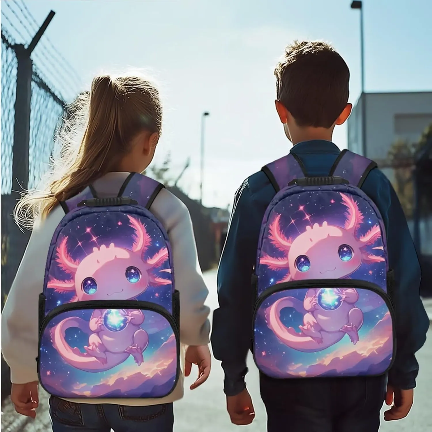 Universe Axolotl Backpack Purse for Girls Large Capacity Girls Bags for Kids 4-6 Lightweight 4 Pcs Kids Bookbag and Lunch Box Set for Students Casual Daypack