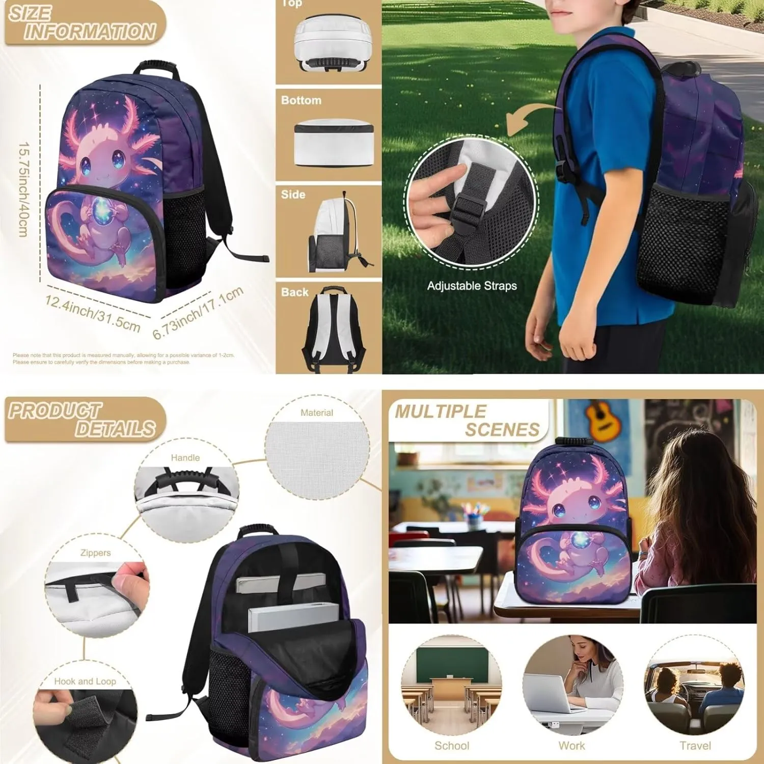 Universe Axolotl Backpack Purse for Girls Large Capacity Girls Bags for Kids 4-6 Lightweight 4 Pcs Kids Bookbag and Lunch Box Set for Students Casual Daypack