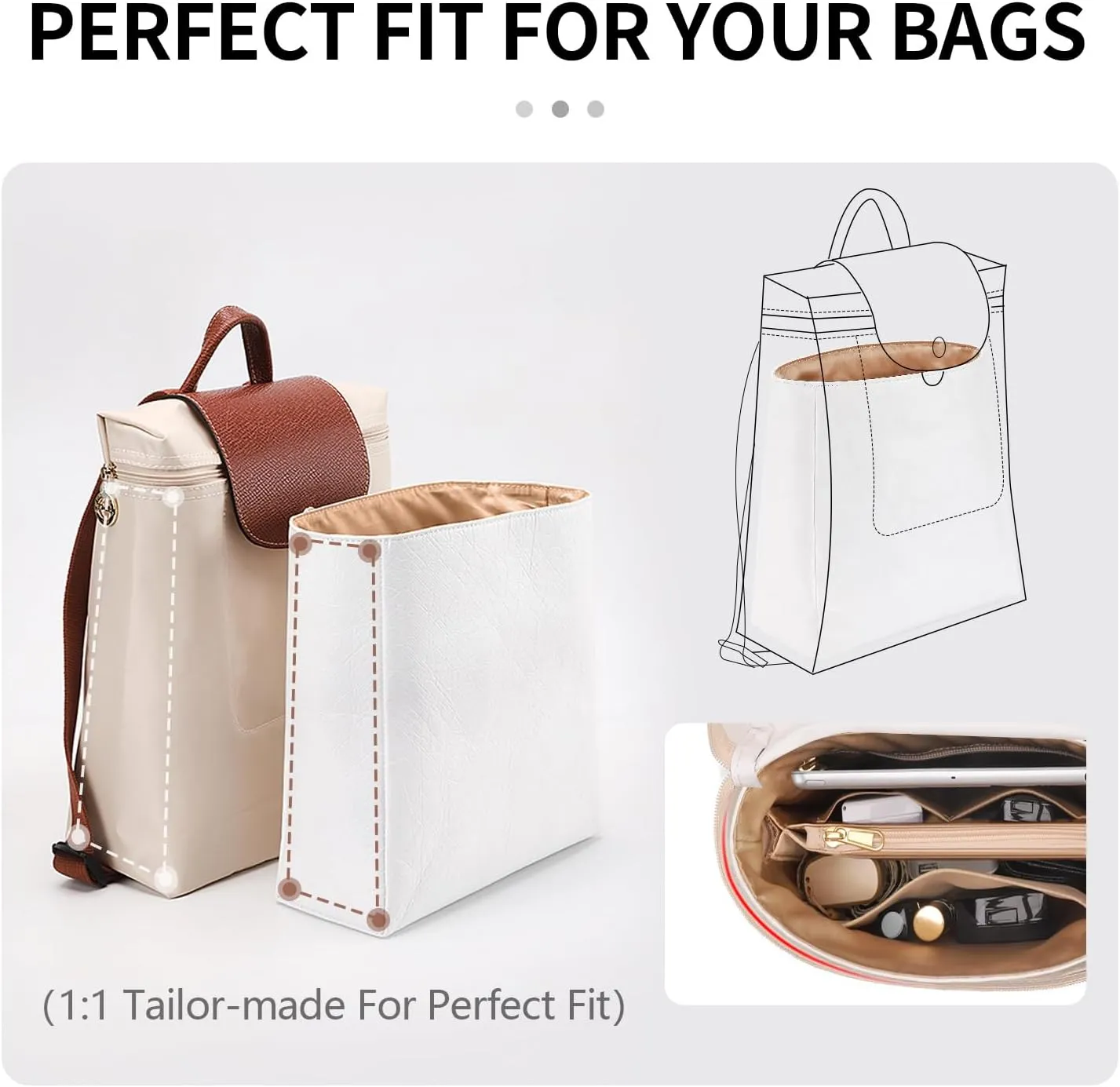 Upgraded Backpack Organizer Insert Compatible with Longchamp Organizer Insert, Dupont Paper Inner Fit for Le Pliage Xtra/Original/Green M Backpack (White, M)