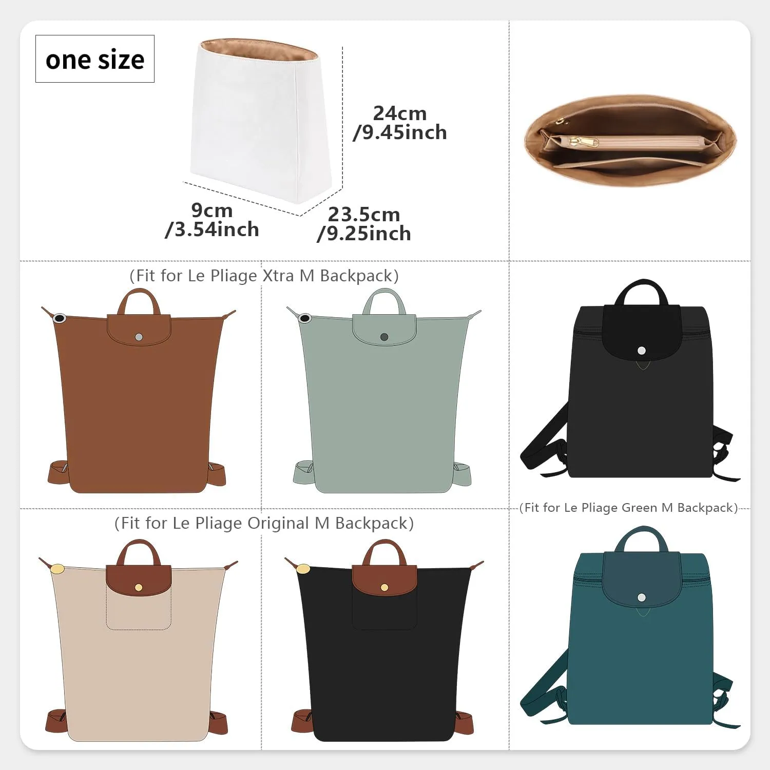 Upgraded Backpack Organizer Insert Compatible with Longchamp Organizer Insert, Dupont Paper Inner Fit for Le Pliage Xtra/Original/Green M Backpack (White, M)