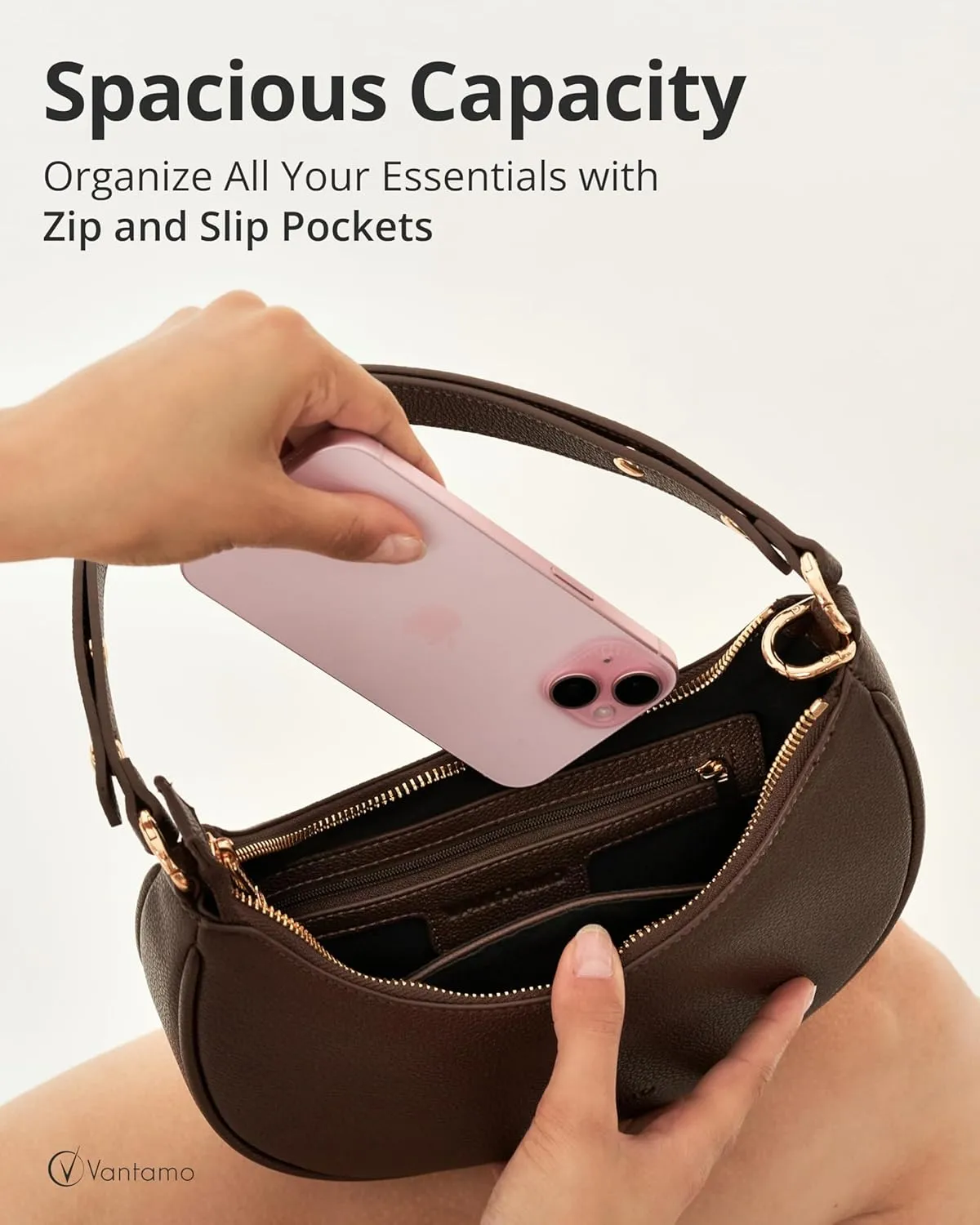 Vantamo Crescent Bags For Women with RFID Protection, Half Moon Clutch Purses for Women with Anti-Theft Clip for Extra Safety