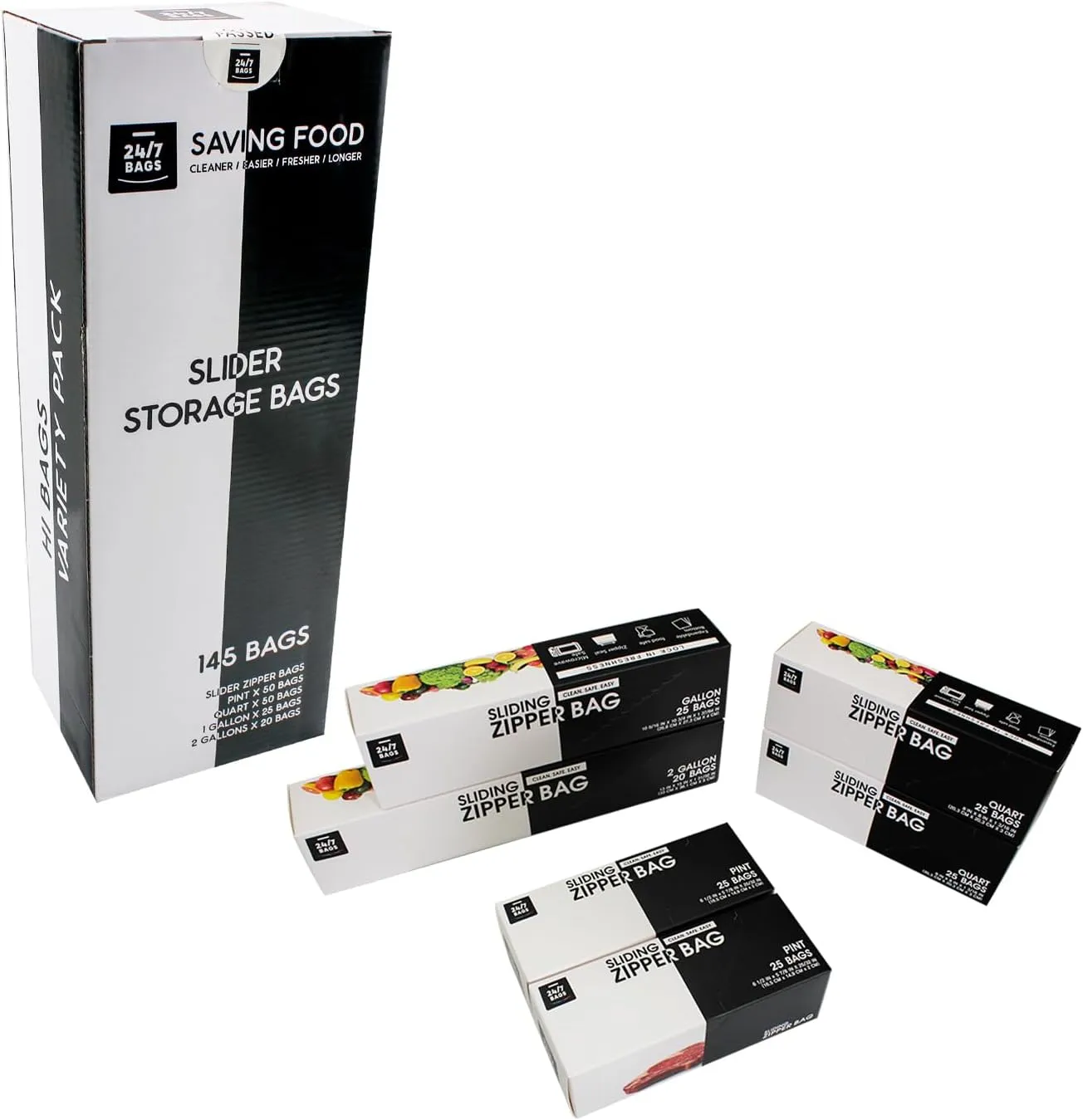 Variety Slider Storage Bags, 4 Sizes- 145 Count, Expandable Bottom, Microwave-Safe, Zero BPA
