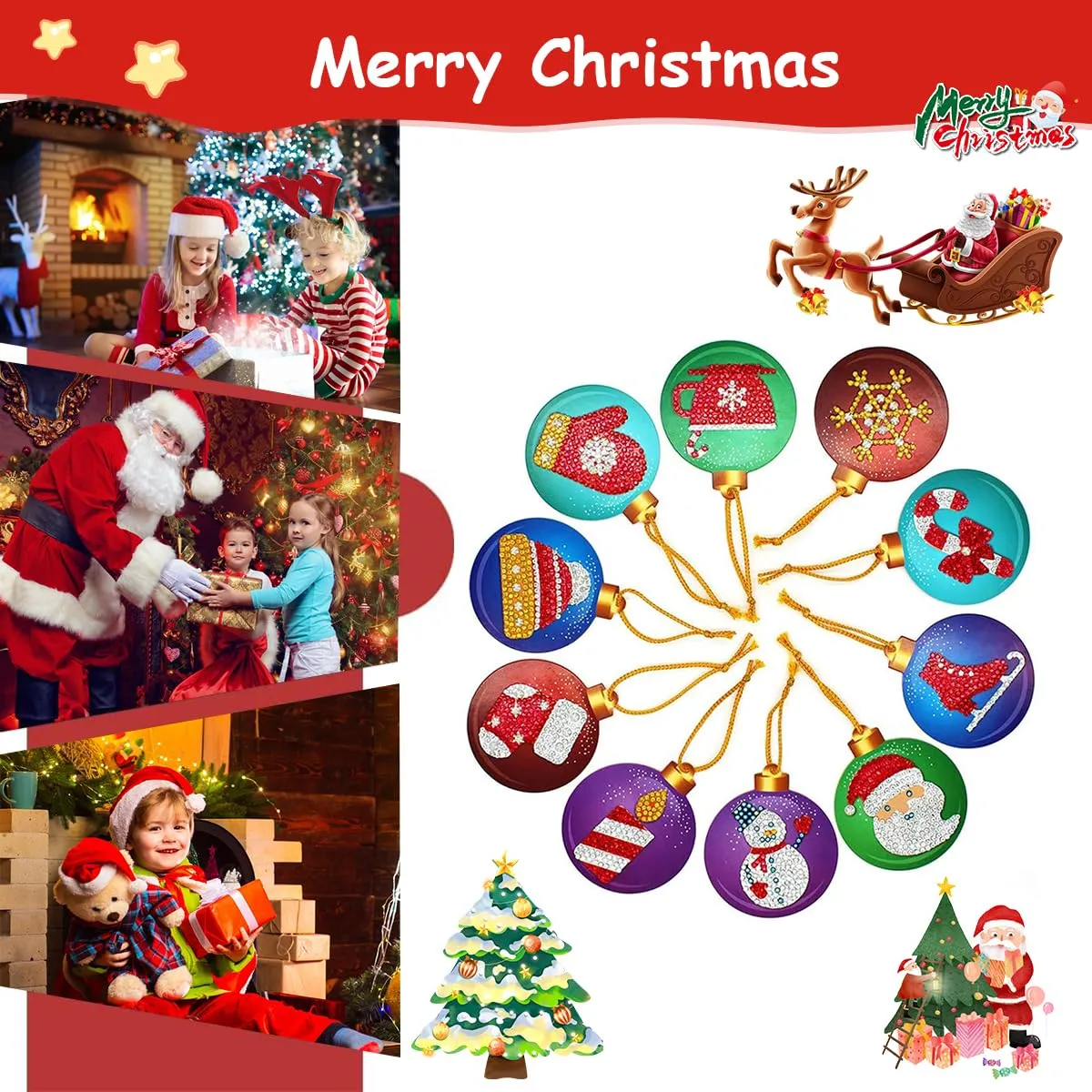 Venzina® 10Pcs DIY Diamond Painting Christmas Tree Ornament Sparkling Hanging Christmas Tree Pendant Christmas Gift Box Charms Decoration DIY Diamond Painting Kit with Tools DIY Home Decor Kit