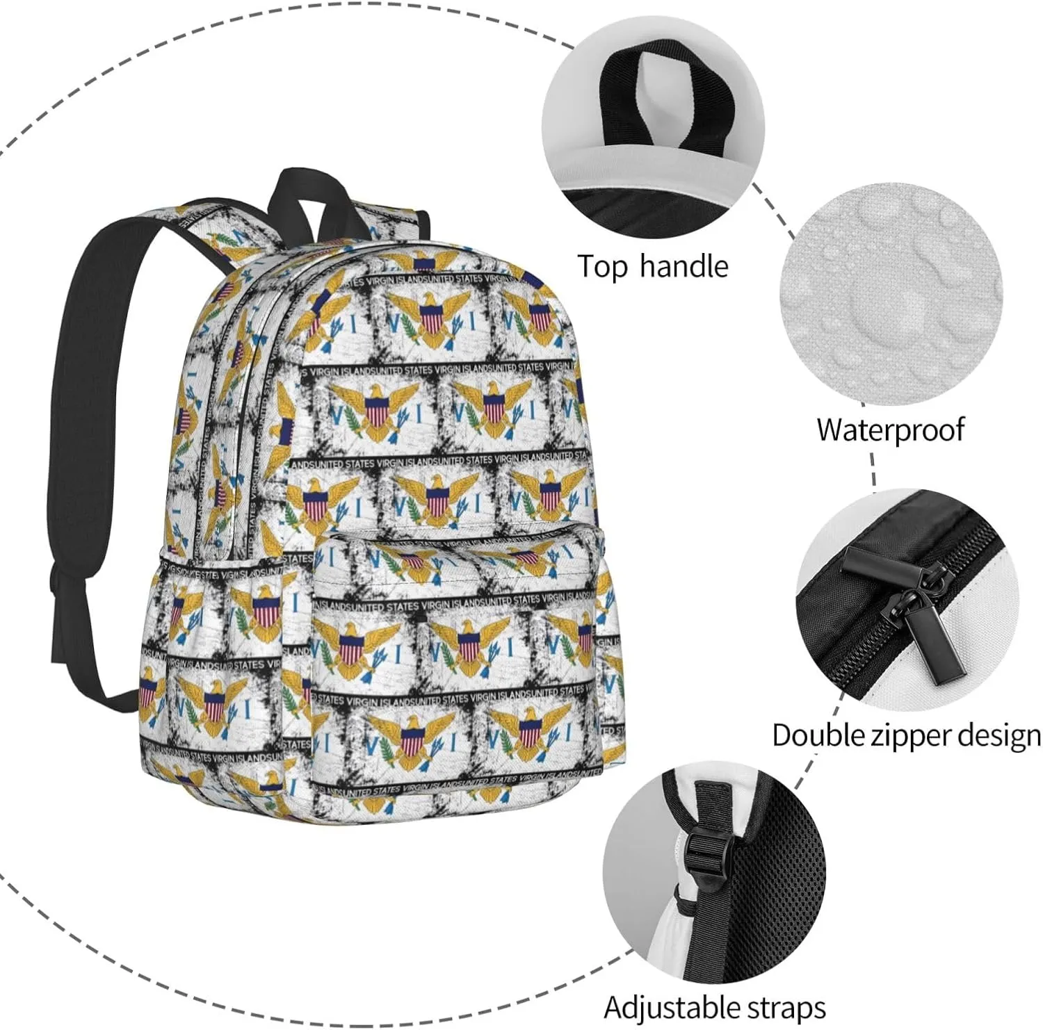 Vintage American Virgin Islands Flag Eagle Backpack Large Capacity Backpack Lightweight Double Shoulder Bag For Women Men Travel