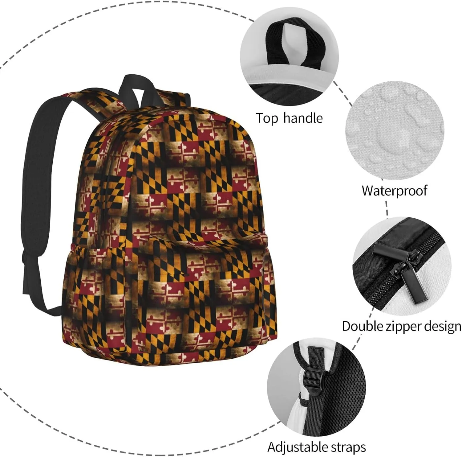 Vintage Maryland Flag Backpack Large Capacity Backpack Lightweight Double Shoulder Bag For Women Men Travel