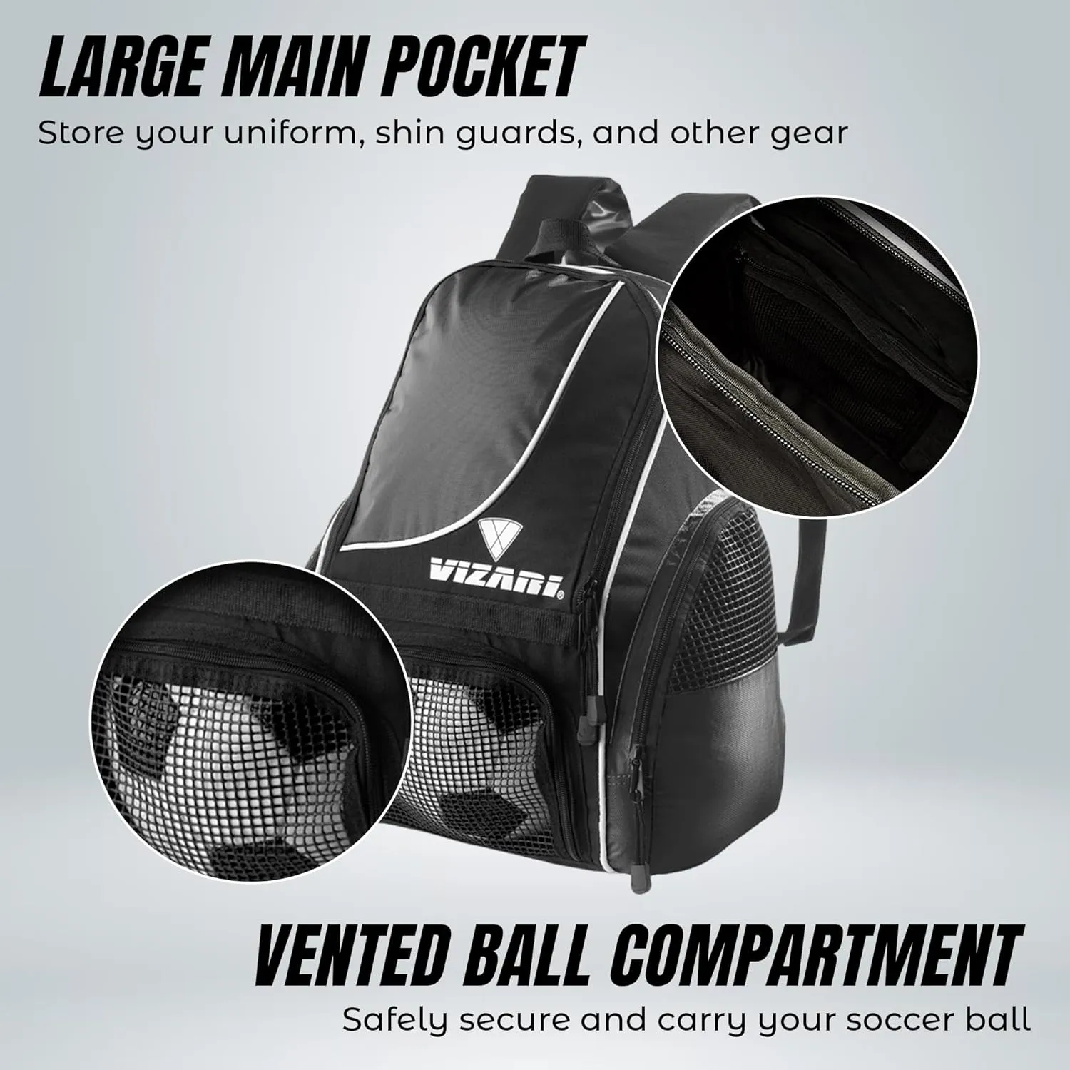 Vizari Solano Soccer Backpack With Ball Compartment and Vented Ball Pocket and Mesh Side Cargo Pockets for Adults and Teens