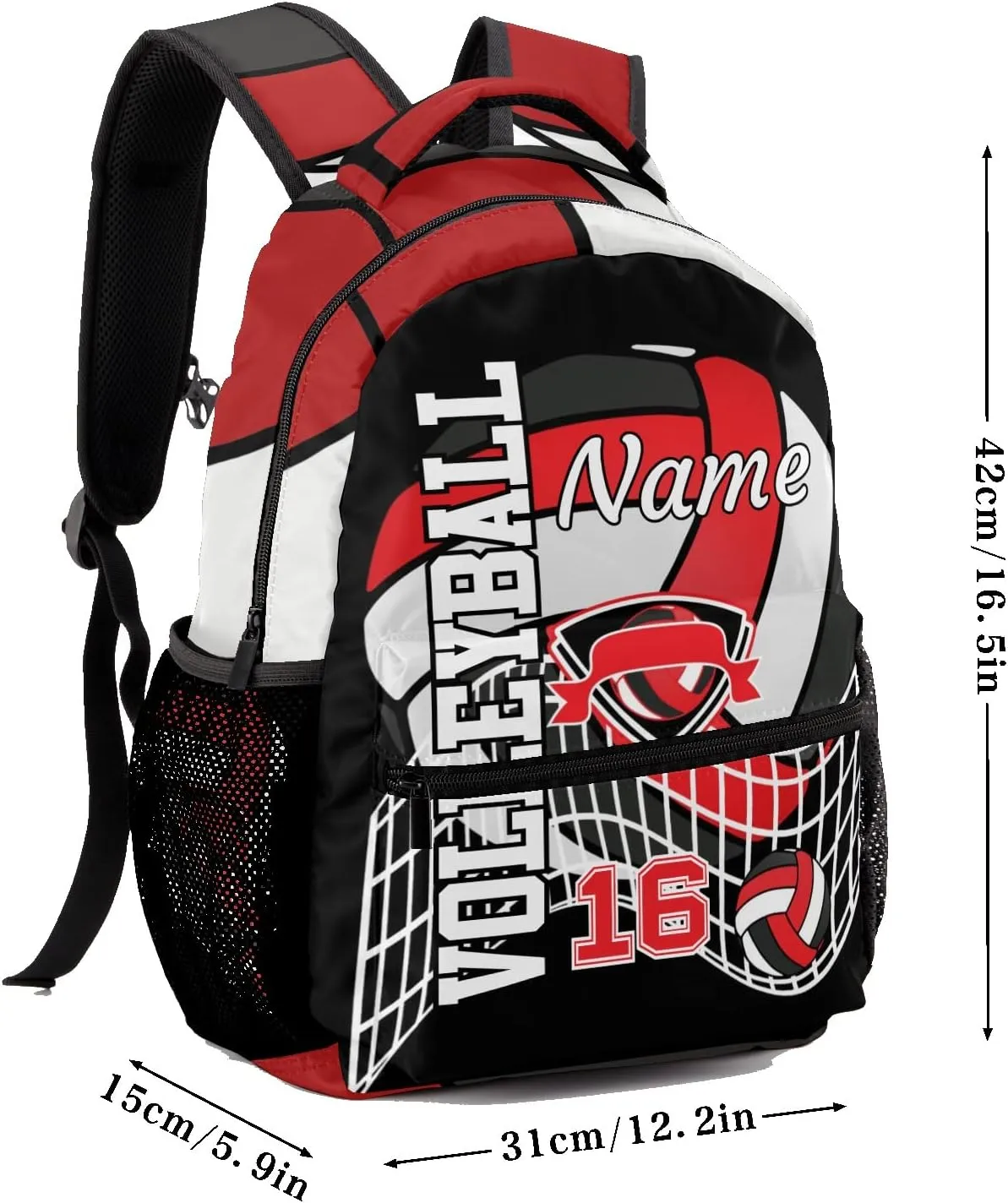 Volleyball Sport Red White Backpack Shoulder Shopping Bag Travel Casual Bags with Name Text