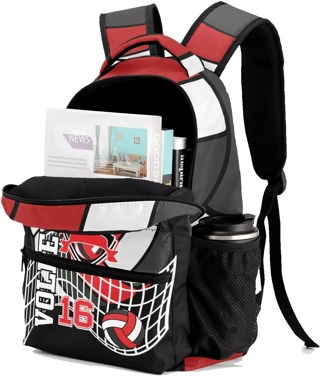 Volleyball Sport Red White Backpack Shoulder Shopping Bag Travel Casual Bags with Name Text