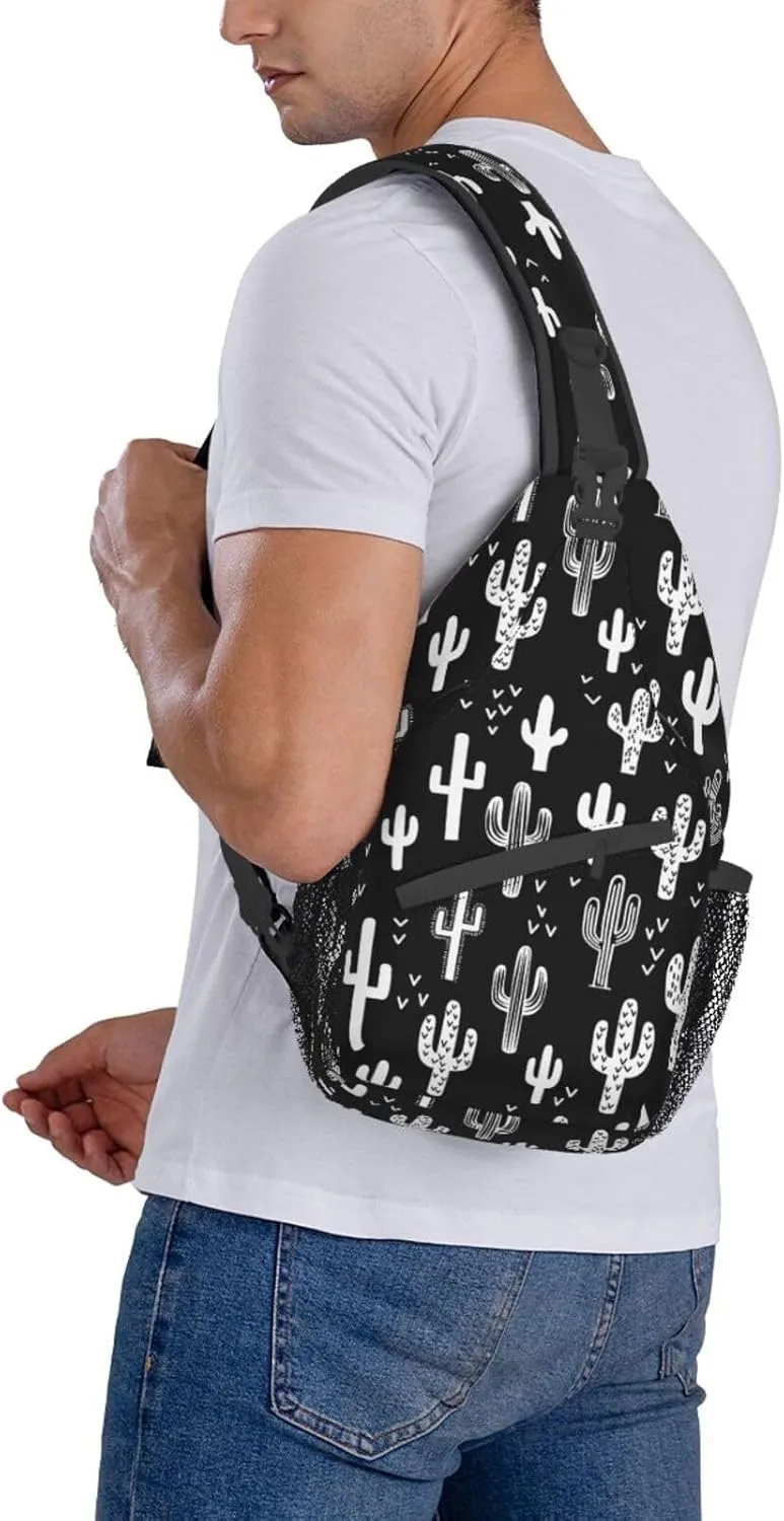 VOOHDDY Western Cactus White Black Sling Bag For Women Men Travel Hiking Backpack Crossbody Shoulder Chest Bags Casual Daypack Sport