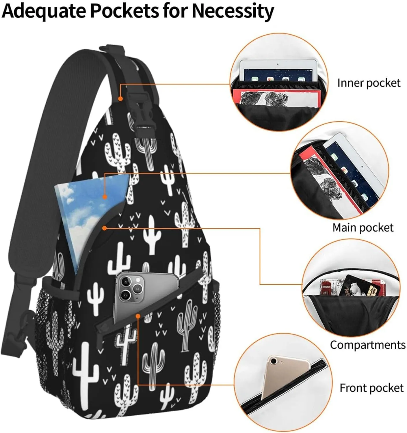 VOOHDDY Western Cactus White Black Sling Bag For Women Men Travel Hiking Backpack Crossbody Shoulder Chest Bags Casual Daypack Sport