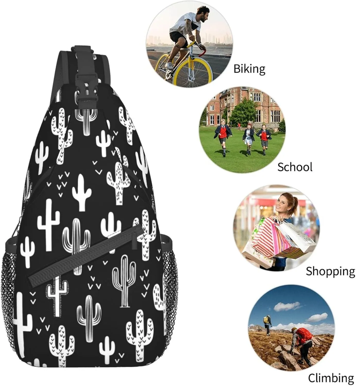 VOOHDDY Western Cactus White Black Sling Bag For Women Men Travel Hiking Backpack Crossbody Shoulder Chest Bags Casual Daypack Sport