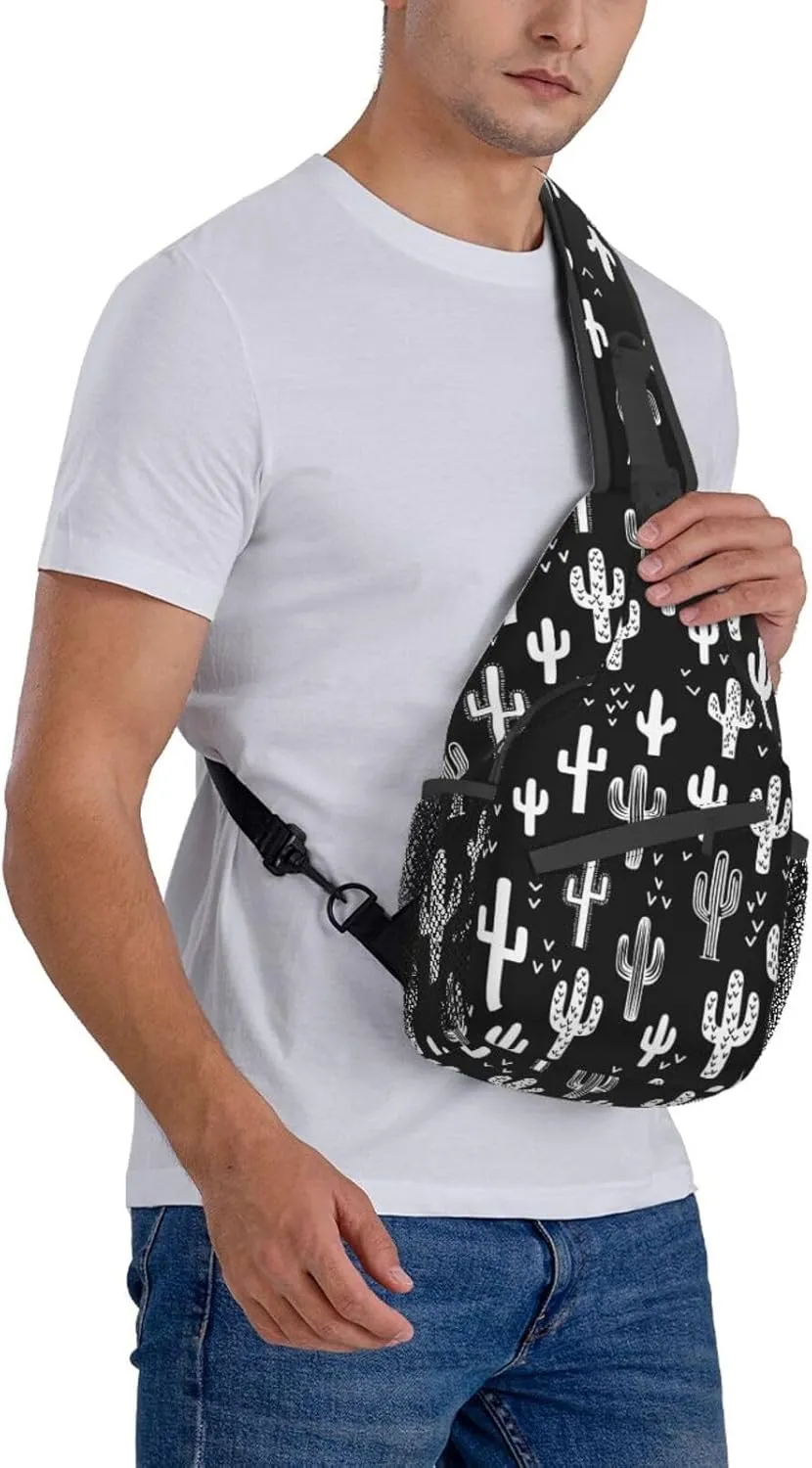 VOOHDDY Western Cactus White Black Sling Bag For Women Men Travel Hiking Backpack Crossbody Shoulder Chest Bags Casual Daypack Sport
