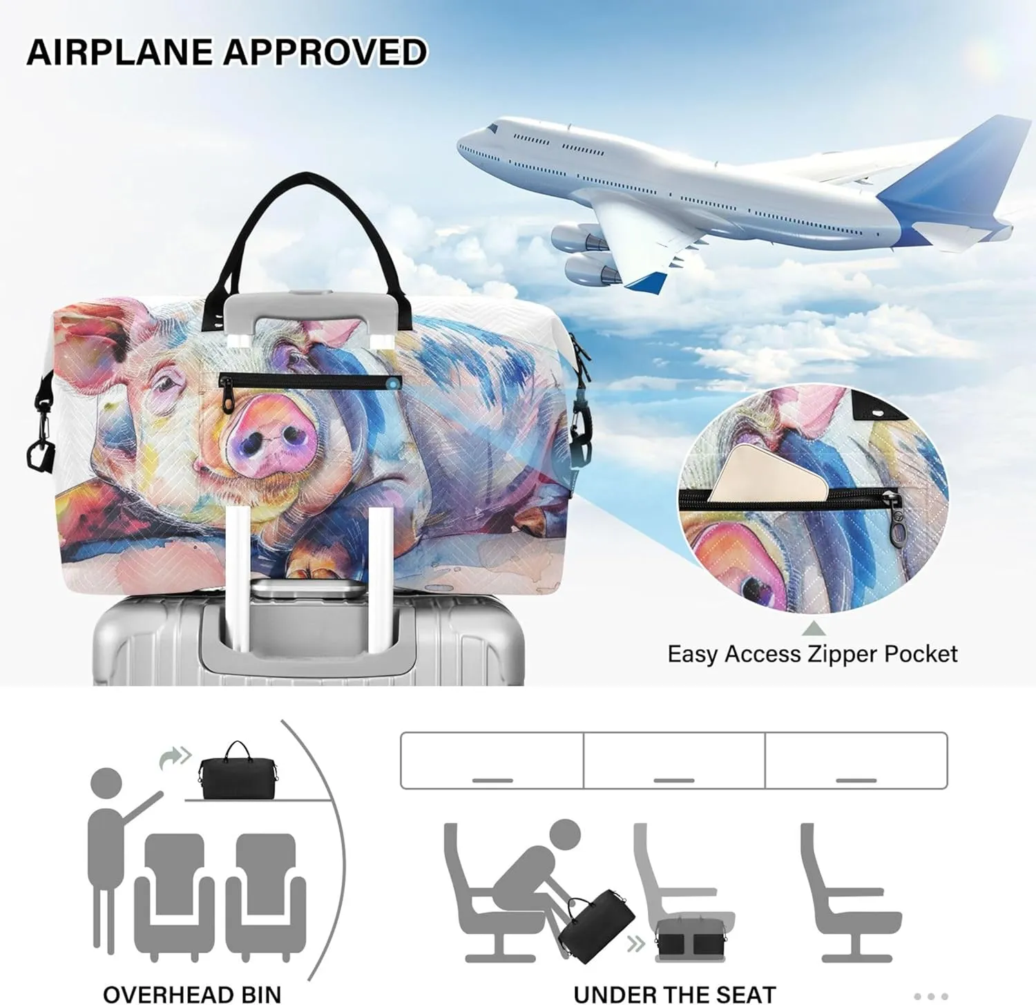 Watercolor of Pig on White Stock Photo Duffle Bag Travel Cosmetic Bags Set of 2, Animal Print Women Gym Tote Carry on Tote
