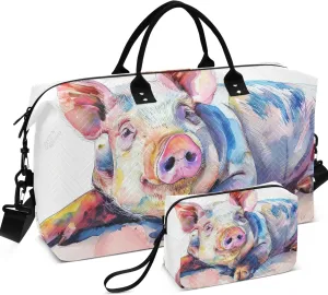 Watercolor of Pig on White Stock Photo Duffle Bag Travel Cosmetic Bags Set of 2, Animal Print Women Gym Tote Carry on Tote