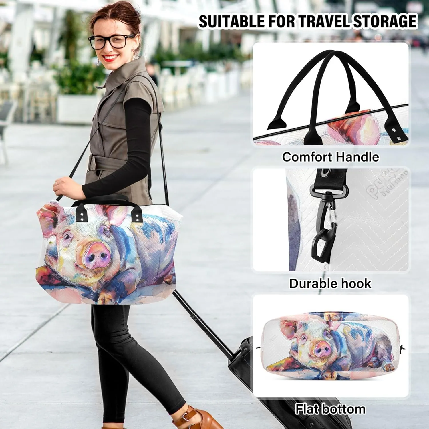 Watercolor of Pig on White Stock Photo Duffle Bag Travel Cosmetic Bags Set of 2, Animal Print Women Gym Tote Carry on Tote