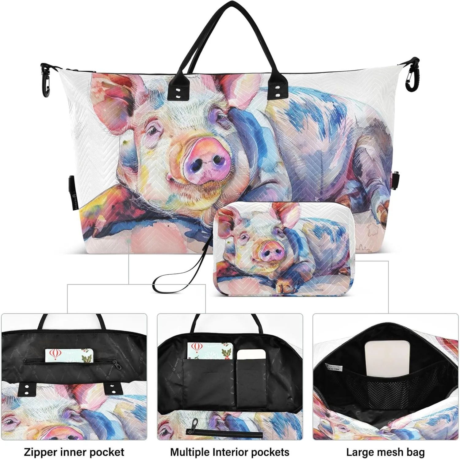 Watercolor of Pig on White Stock Photo Duffle Bag Travel Cosmetic Bags Set of 2, Animal Print Women Gym Tote Carry on Tote