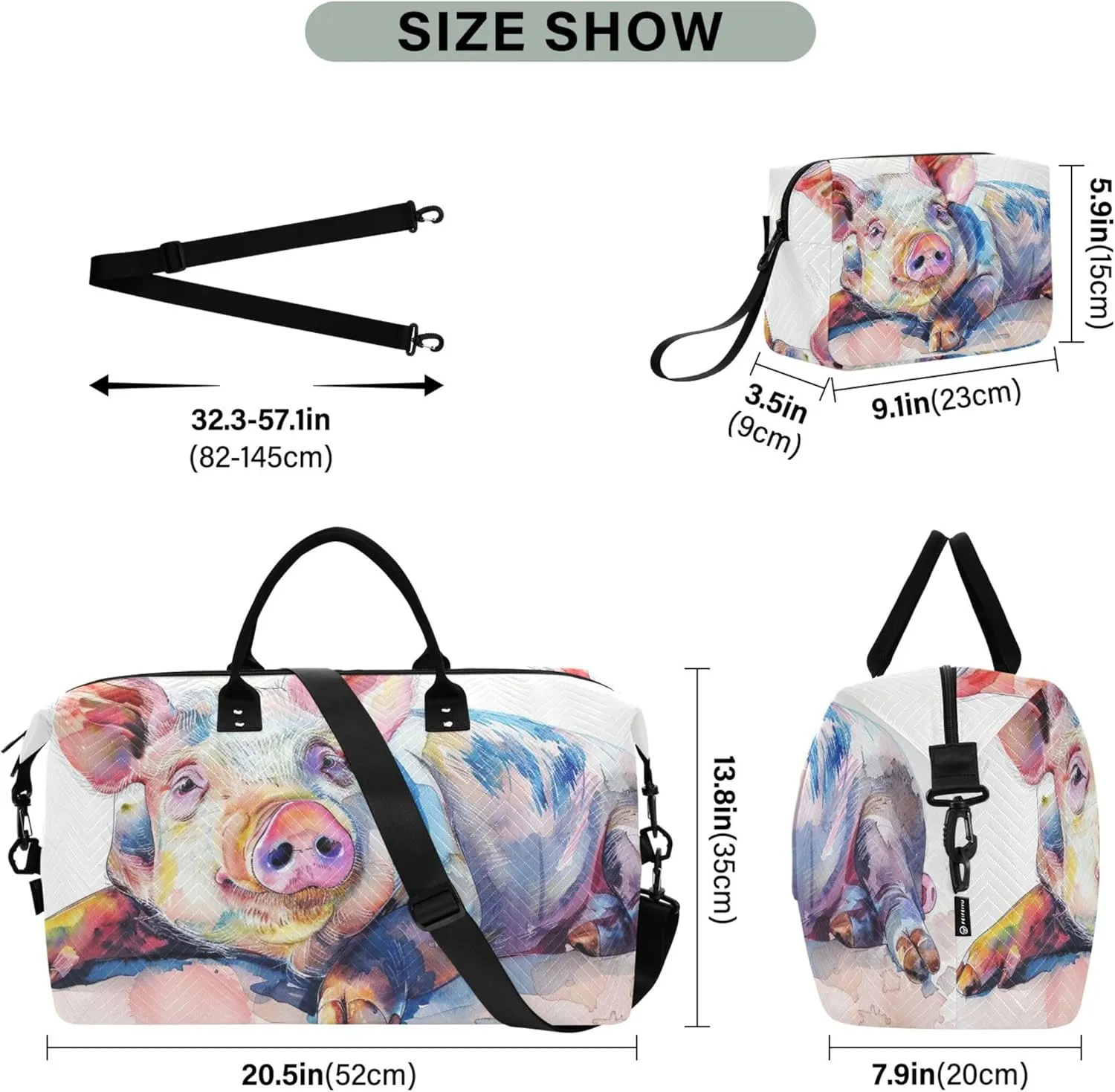 Watercolor of Pig on White Stock Photo Duffle Bag Travel Cosmetic Bags Set of 2, Animal Print Women Gym Tote Carry on Tote